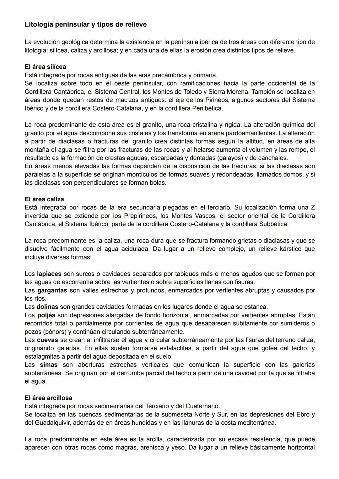 Litología peninsular y tipos de relieve
La evolución geológica determina la existencia en la península ibérica de tres áreas con diferente t