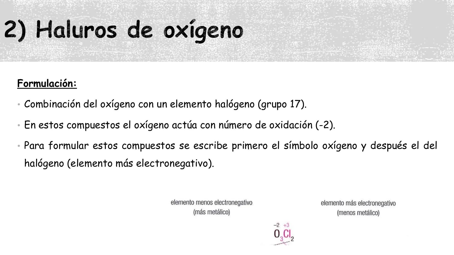 Formulación inorgánica
Física y Química. 1° Bachillerato. Compuestos binarios del oxígeno:
1) Óxidos.
2) Haluros de oxígeno
3) Peróxidos. 1)