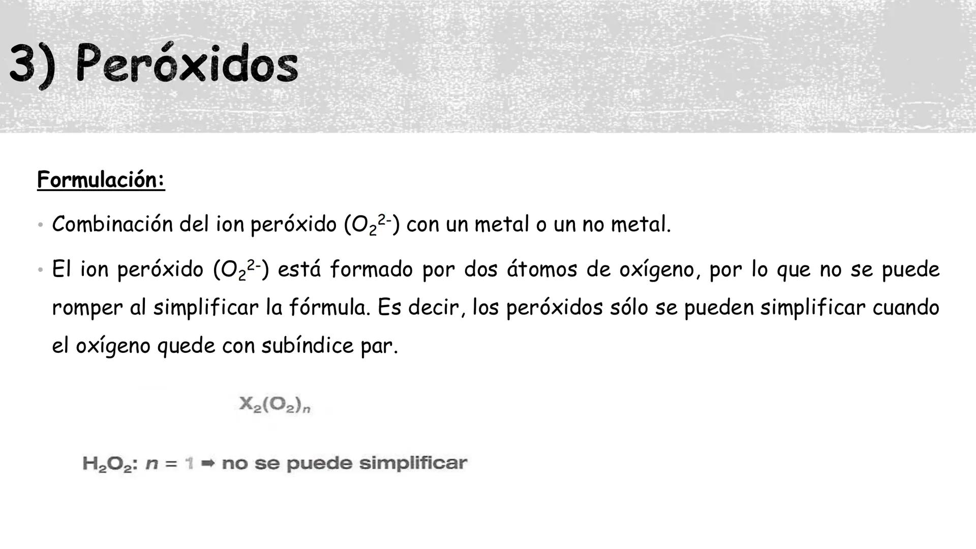 Formulación inorgánica
Física y Química. 1° Bachillerato. Compuestos binarios del oxígeno:
1) Óxidos.
2) Haluros de oxígeno
3) Peróxidos. 1)