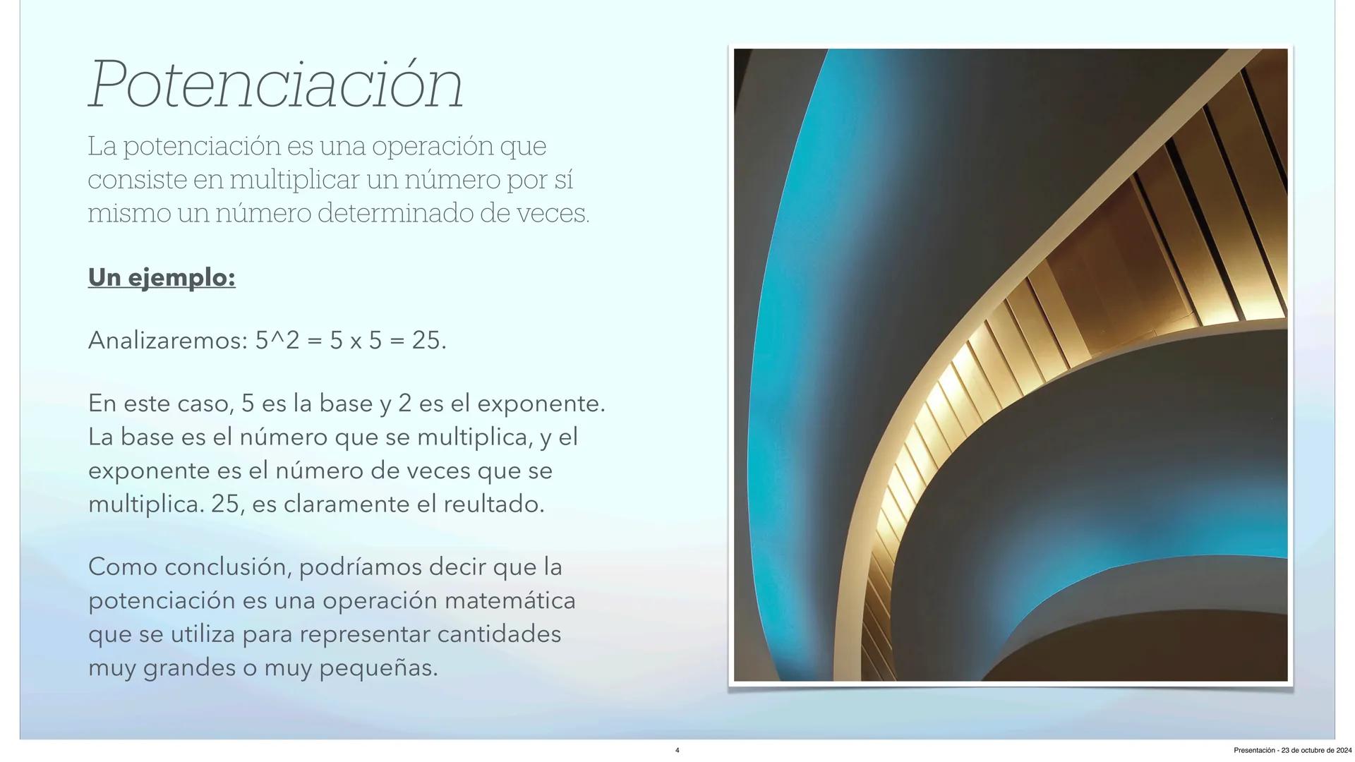 Unidad 2: Potencias y Raíces
Matemáticas 3°ESO
Presentación - 23 de octubre de 2024 Índice
1. Su Historia
2. Potenciación
3. Propiedades de