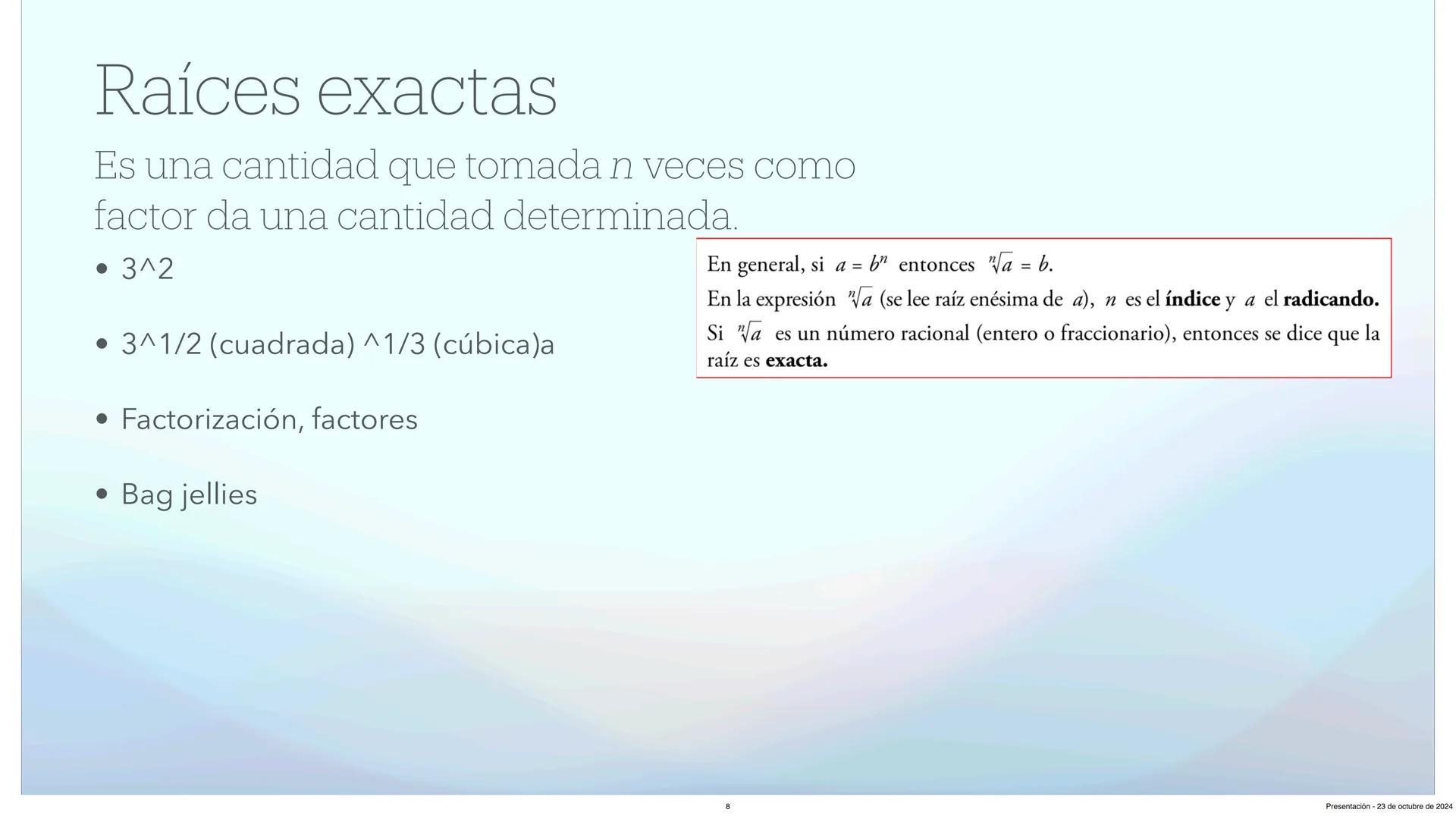 Unidad 2: Potencias y Raíces
Matemáticas 3°ESO
Presentación - 23 de octubre de 2024 Índice
1. Su Historia
2. Potenciación
3. Propiedades de