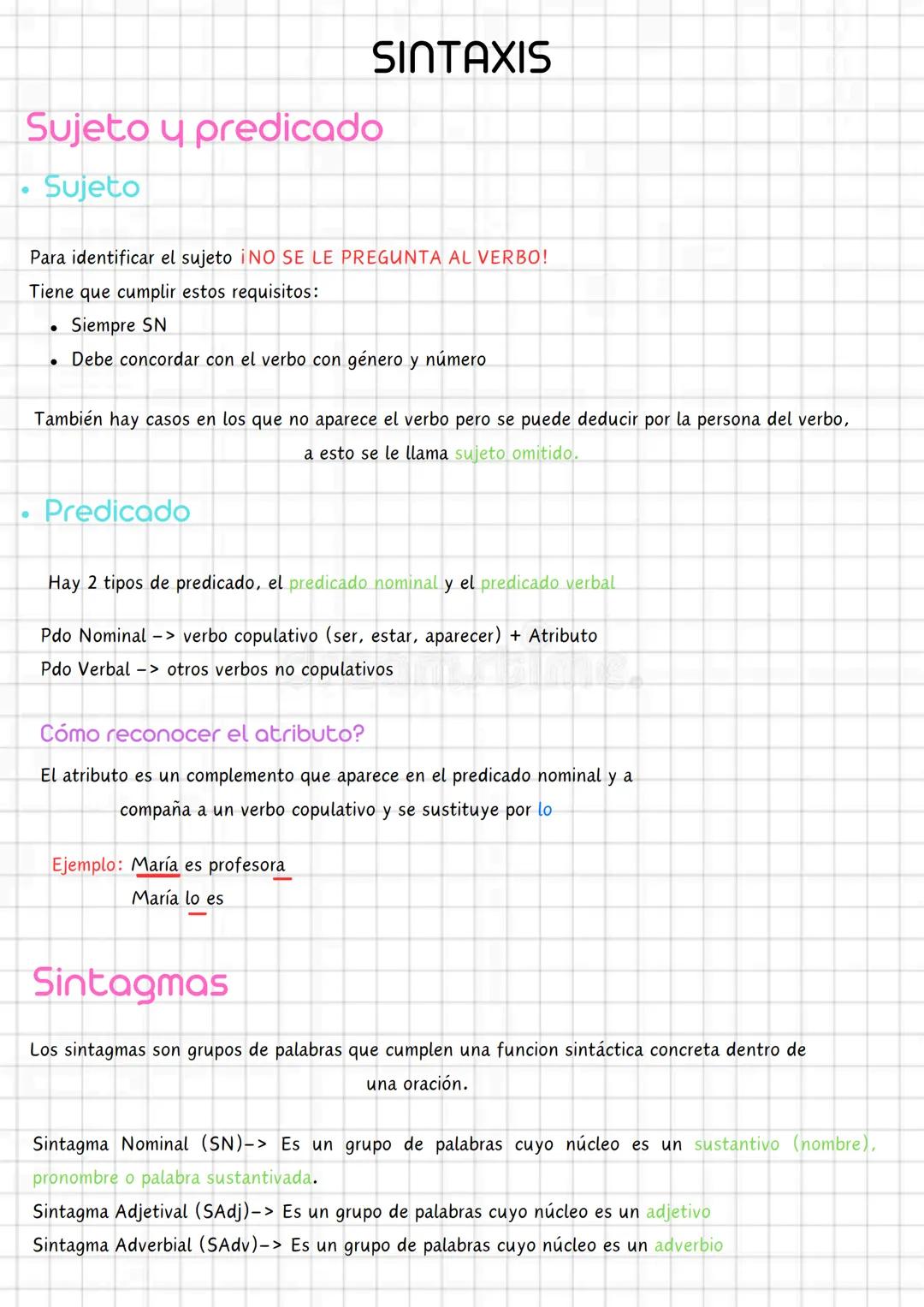 Sujeto y predicado
Sujeto
SINTAXIS
Para identificar el sujeto iNO SE LE PREGUNTA AL VERBO!
Tiene que cumplir estos requisitos:
Siempre SN
•