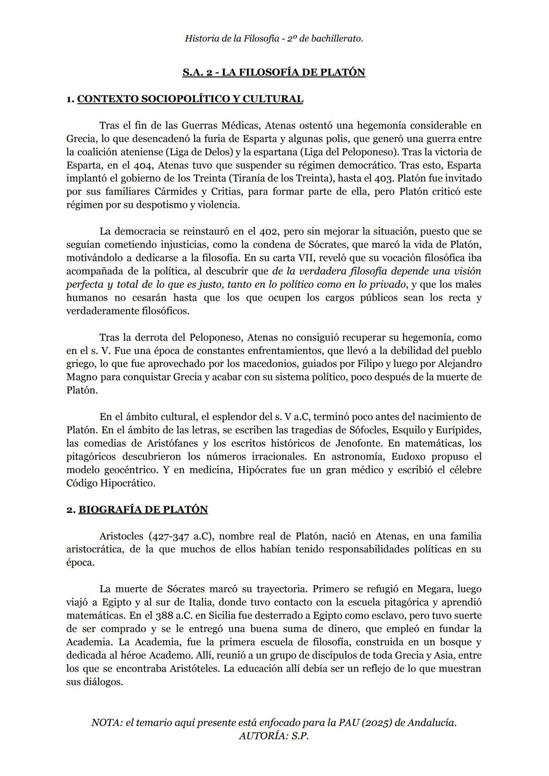 Historia de la Filosofia - 2º de bachillerato.
S.A. 2 - LA FILOSOFÍA DE PLATÓN
1. CONTEXTO SOCIOPOLÍTICO Y CULTURAL
Tras el fin de las Gu