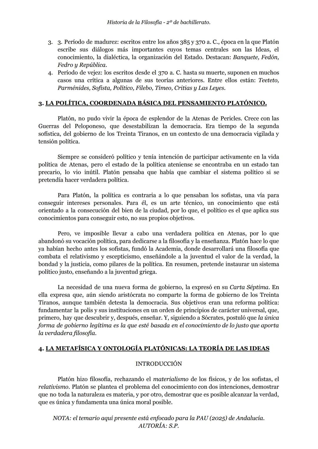 Historia de la Filosofia - 2º de bachillerato.
S.A. 2 - LA FILOSOFÍA DE PLATÓN
1. CONTEXTO SOCIOPOLÍTICO Y CULTURAL
Tras el fin de las Gu