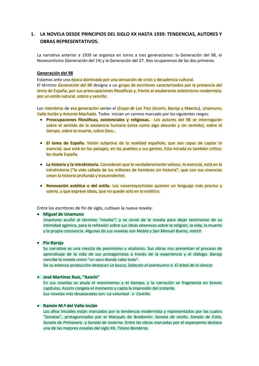 1.
LA NOVELA DESDE PRINCIPIOS DEL SIGLO XX HASTA 1939: TENDENCIAS, AUTORES Y
OBRAS REPRESENTATIVOS.
La narrativa anterior a 1939 se organiza