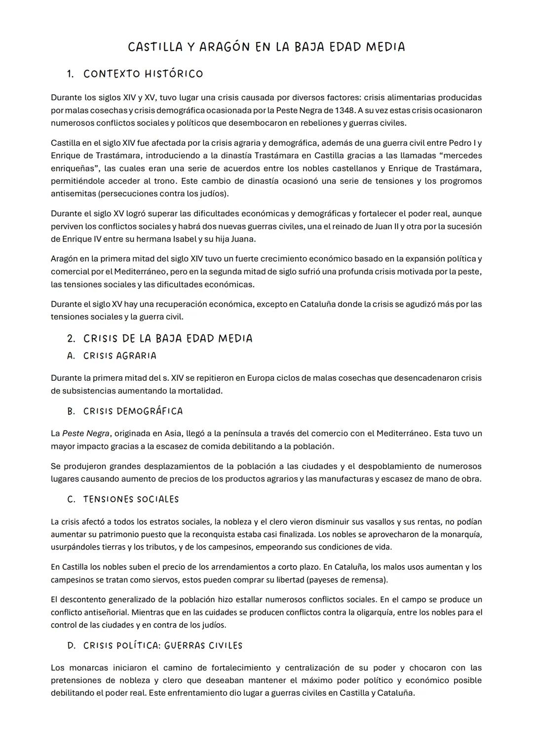 CASTILLA Y ARAGÓN EN LA BAJA EDAD MEDIA
1. CONTEXTO HISTÓRICO
Durante los siglos XIV y XV, tuvo lugar una crisis causada por diversos factor