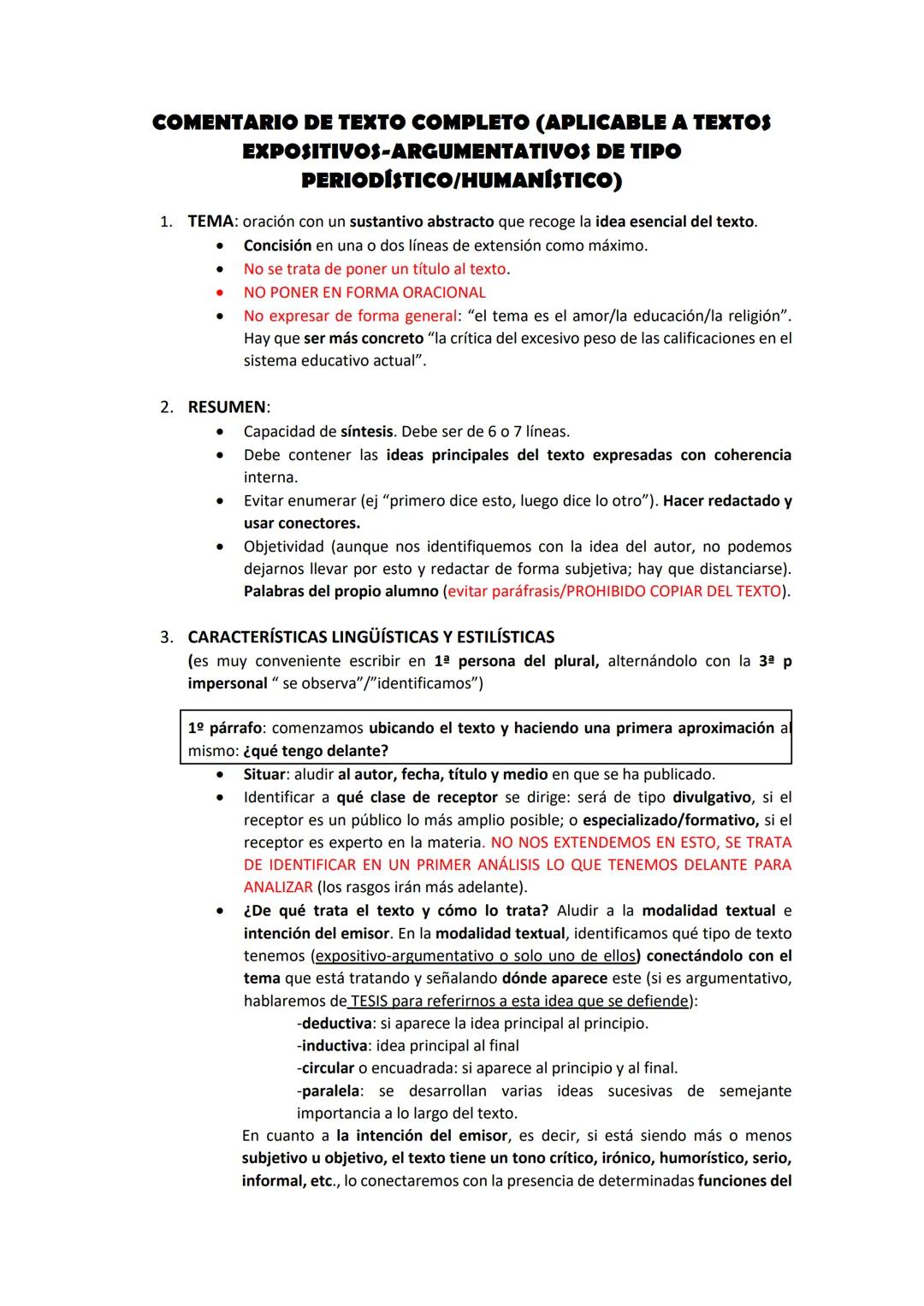 COMENTARIO DE TEXTO COMPLETO (APLICABLE A TEXTOS
EXPOSITIVOS-ARGUMENTATIVOS DE TIPO
PERIODÍSTICO/HUMANÍSTICO)
1. TEMA: oración con un sustan