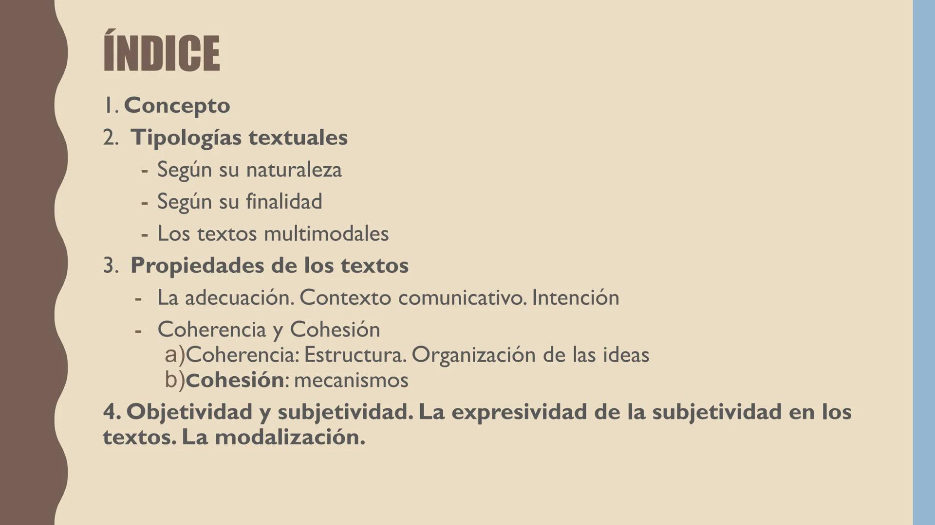 # EL TEXTO
Y SUS PROPIEDADES
TEMA I # ÍNDICE
1. Concepto
2. Tipologías textuales
- Según su naturaleza
- Según su finalidad
- Los textos