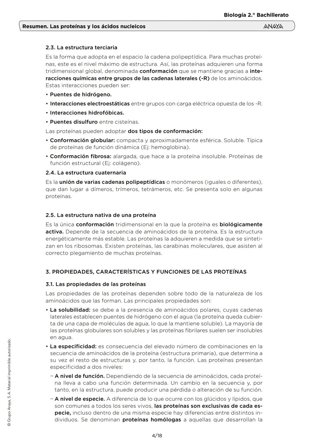 Grupo Anaya, S. A. Material imprimible autorizado.
Biología 2.º Bachillerato
ANAYA
Resumen. Las proteínas y los ácidos nucleicos
1. LOS AMIN