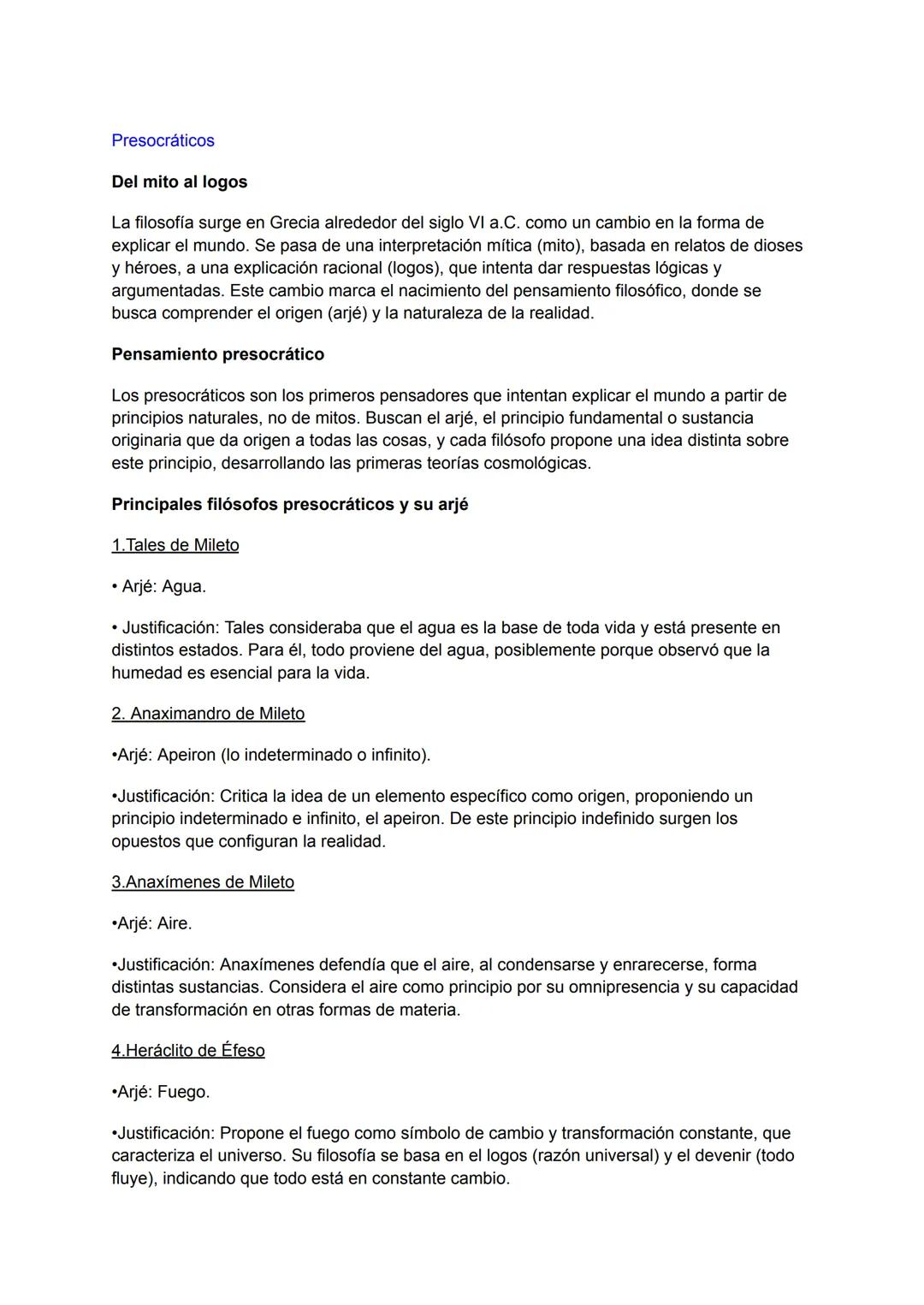 Presocráticos
Del mito al logos
La filosofía surge en Grecia alrededor del siglo VI a.C. como un cambio en la forma de
explicar el mundo. Se