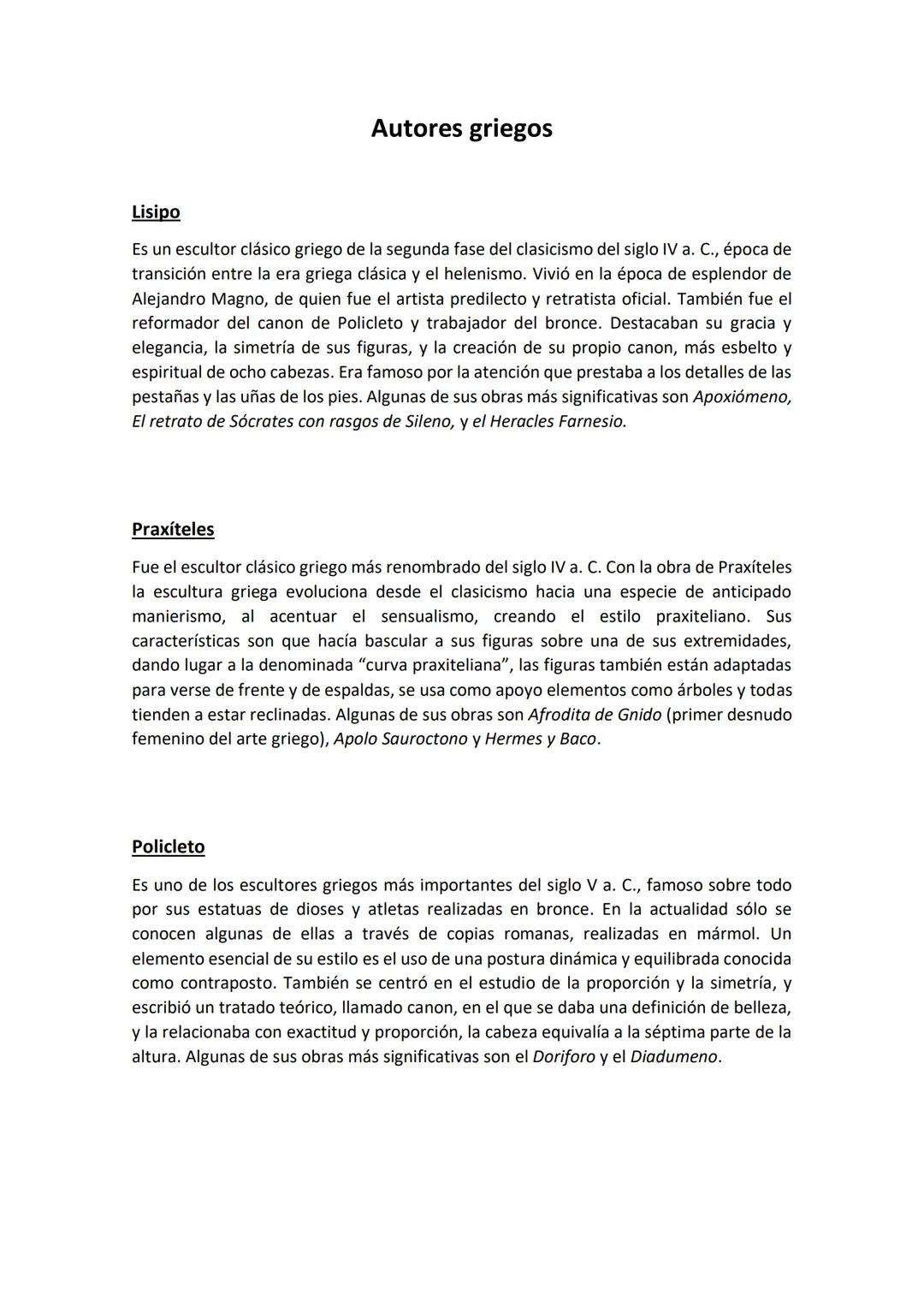 # Autores griegos
Lisipo
Es un escultor clásico griego de la segunda fase del clasicismo del siglo IV a. C., época de
transición entre la
