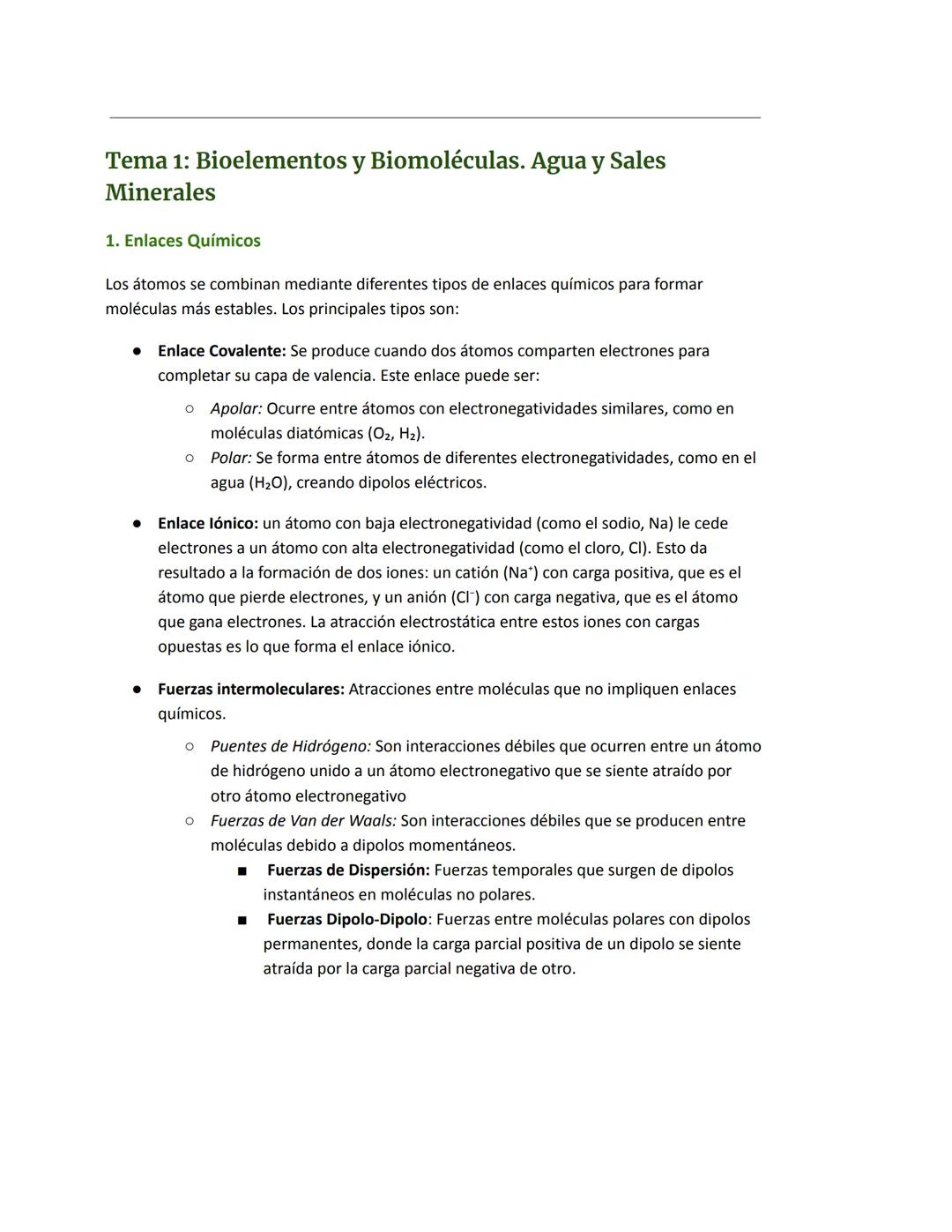 sy
Tema 1: Bioelementos y Biomoléculas. Agua y Sales
Minerales
1. Enlaces Químicos
Los átomos se combinan mediante diferentes tipos de enlac