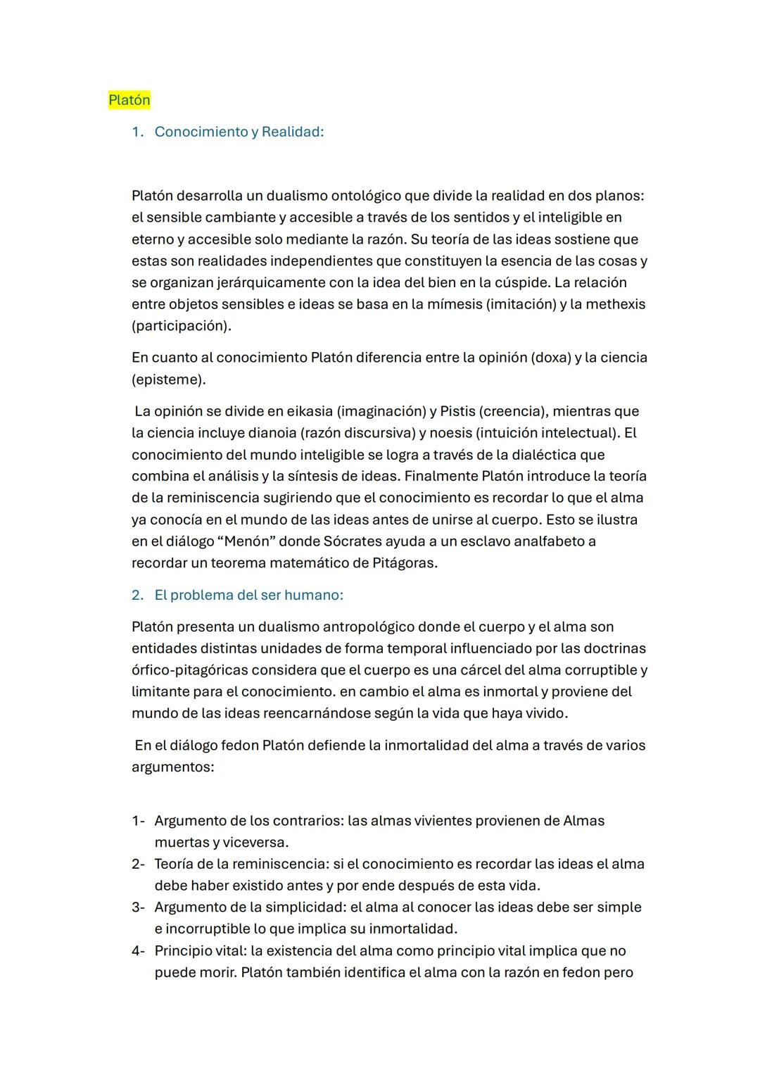 # Platón
1. Conocimiento y Realidad:
Platón desarrolla un dualismo ontológico que divide la realidad en dos planos:
el sensible cambiante