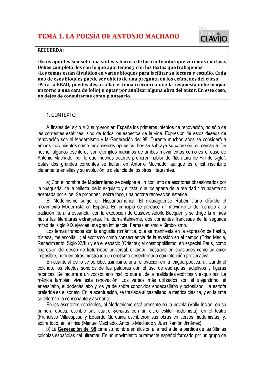 # TEMA 1. LA POESÍA DE ANTONIO MACHADO
RECUERDA:
i.e.s.
Batalla de
CLAVIJO
-Estos apuntes son solo una síntesis teórica de los contenidos