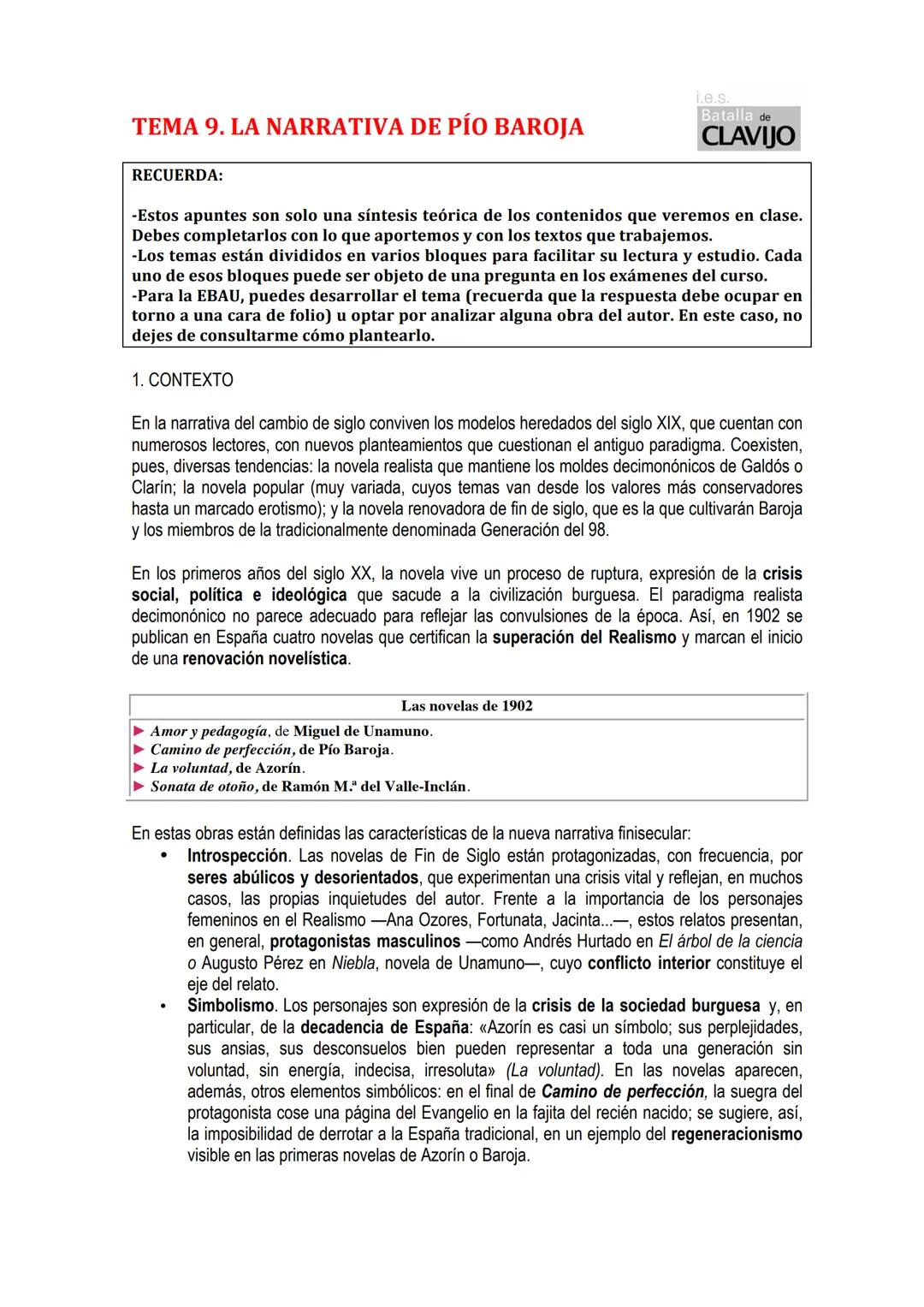 # TEMA 9. LA NARRATIVA DE PÍO BAROJA
RECUERDA:
i.e.s.
Batalla de
CLAVIJO
-Estos apuntes son solo una síntesis teórica de los contenidos q