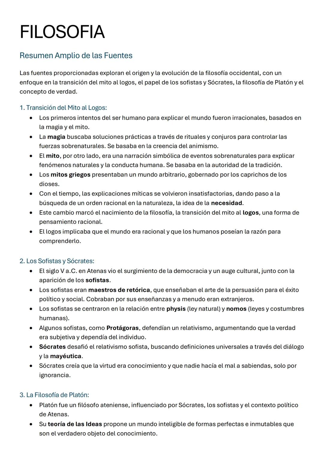 FILOSOFIA
Resumen Amplio de las Fuentes
Las fuentes proporcionadas exploran el origen y la evolución de la filosofía occidental, con un
enfo