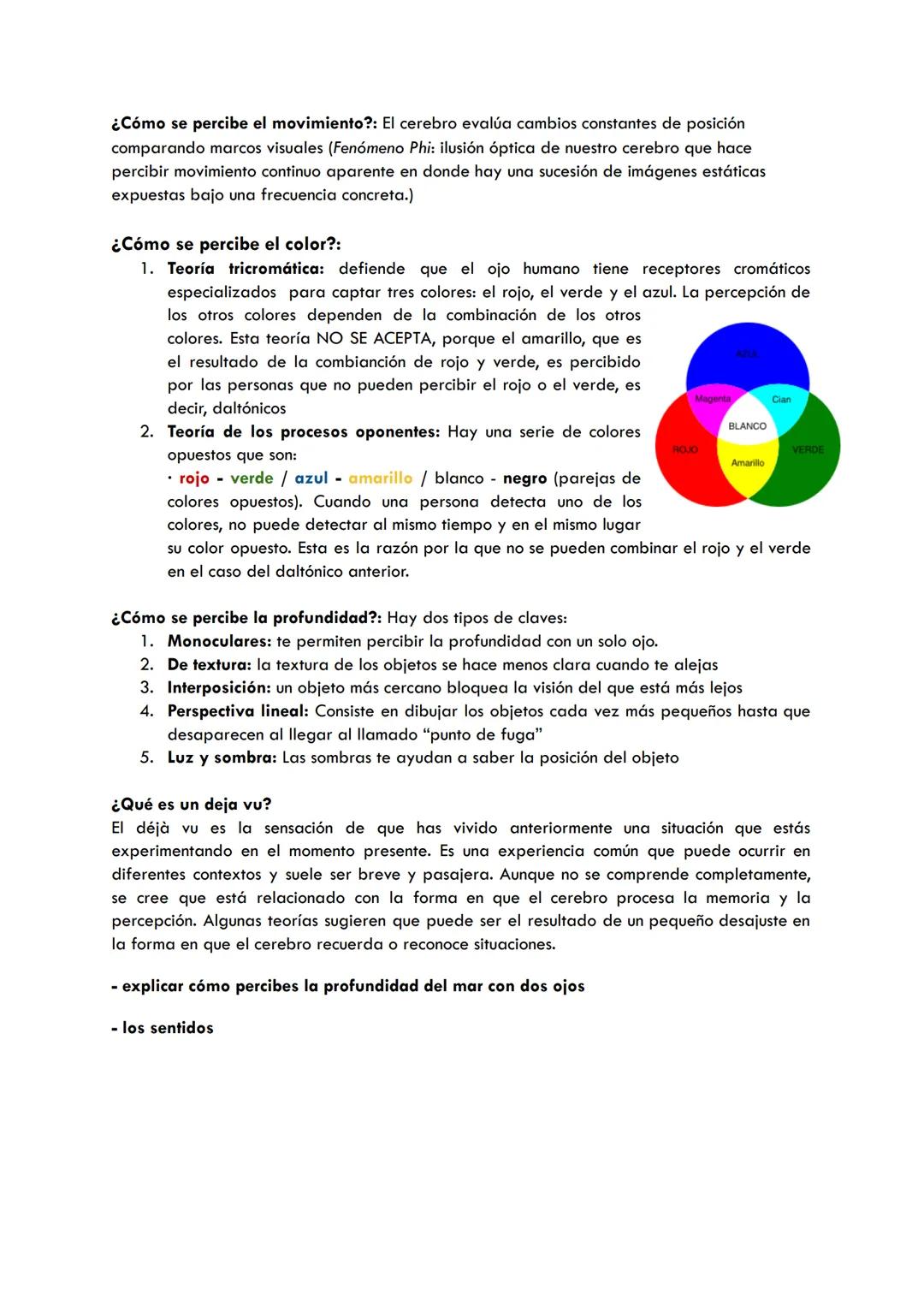 SENSACIÓN Y PERCEPCIÓN
⚫ Sensación →→ Detección de energia a través de los organos sensoriales. Cuando pasan
a nuestro cerebro aparece la pe