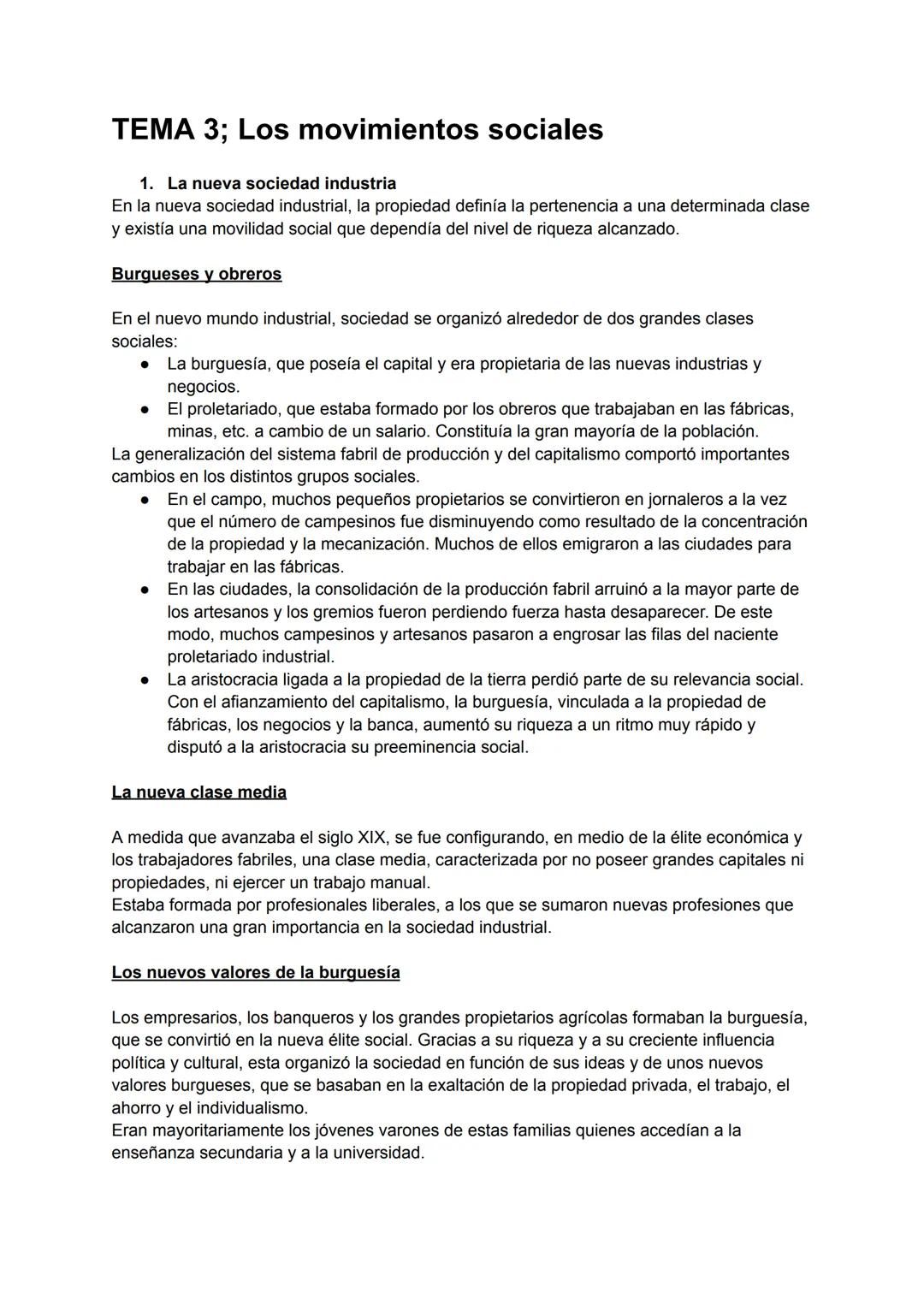 TEMA 3; Los movimientos sociales
1. La nueva sociedad industria
En la nueva sociedad industrial, la propiedad definía la pertenencia a una d