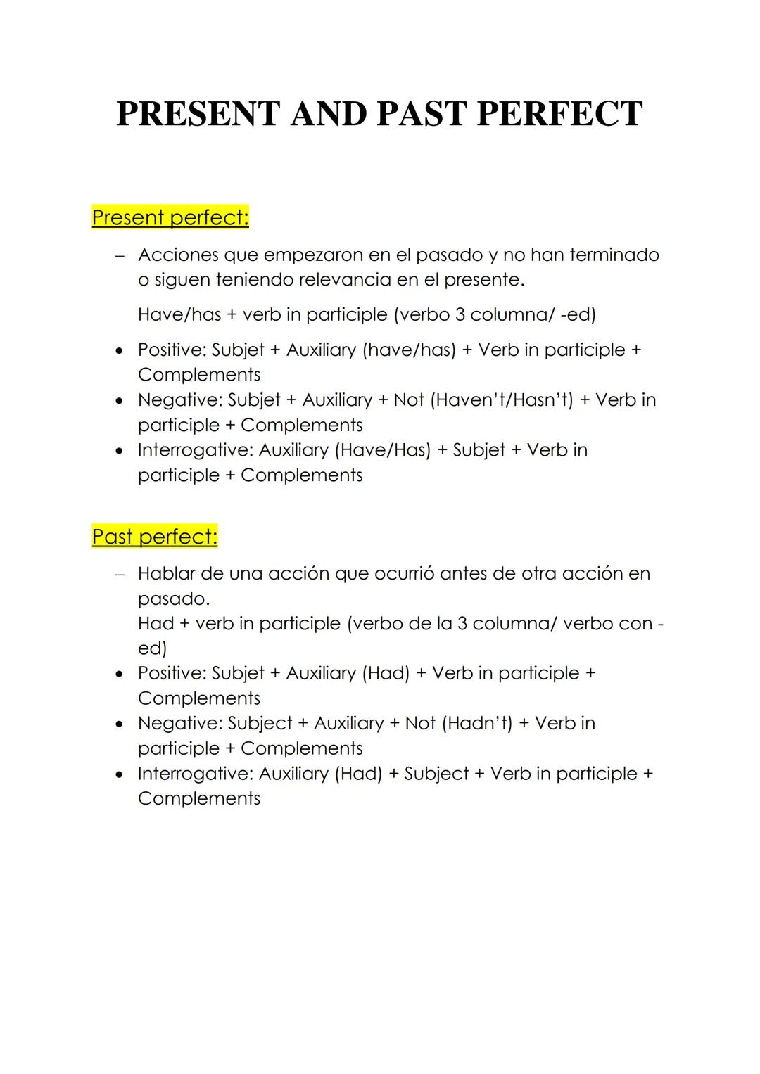 Apuntes inglés past y present perfect