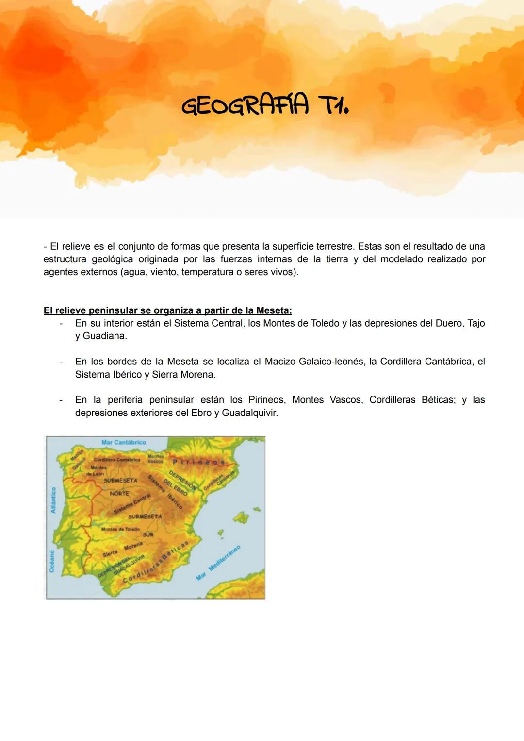Océano
Atlántico
GEOGRAFÍA T1.
- El relieve es el conjunto de formas que presenta la superficie terrestre. Estas son el resultado de una
est