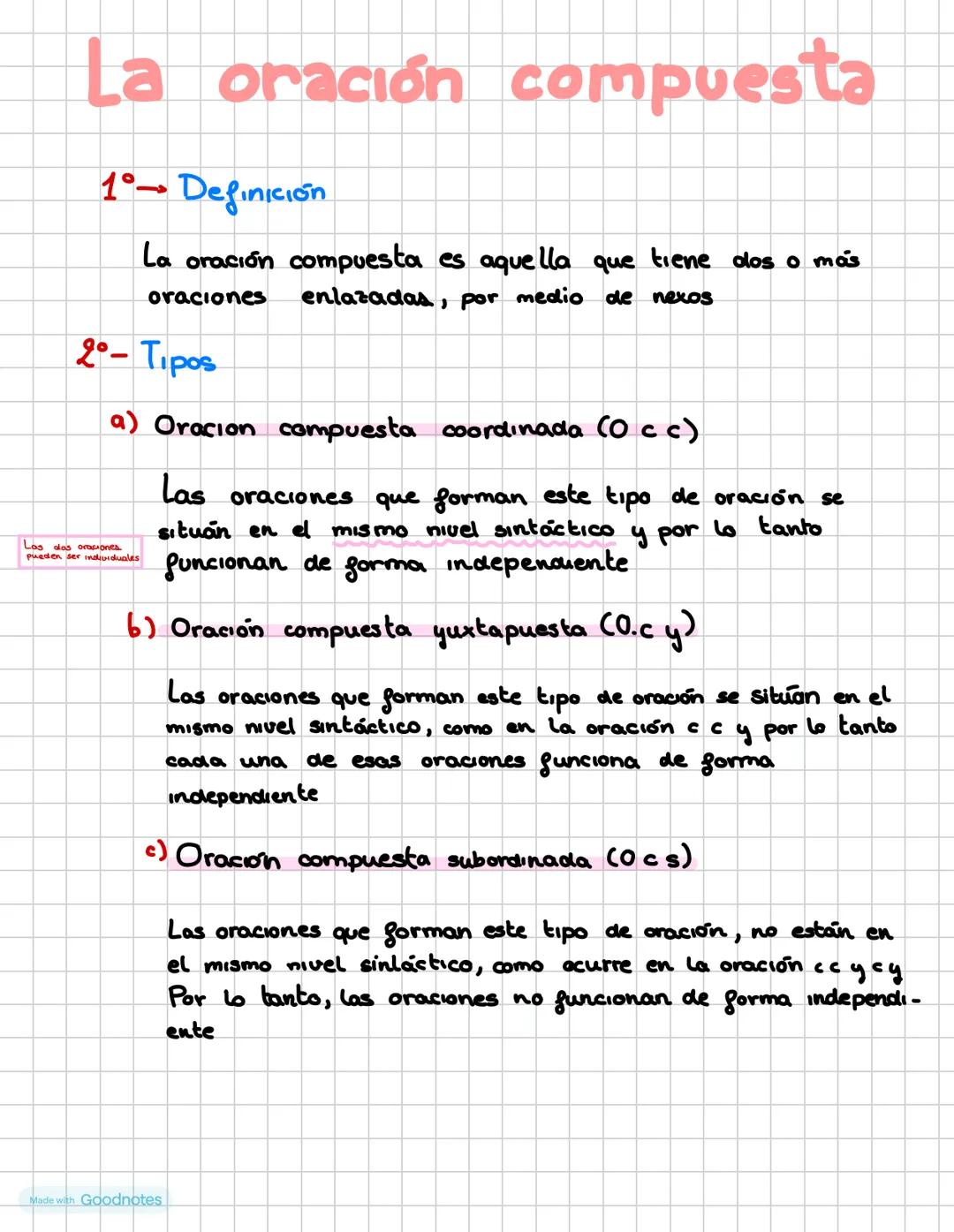 La oración compuesta
1° Definición
La oración compuesta es aquella que tiene dos o más
oraciones enlazadas, por medio de nexos
2°- Tipos
a)