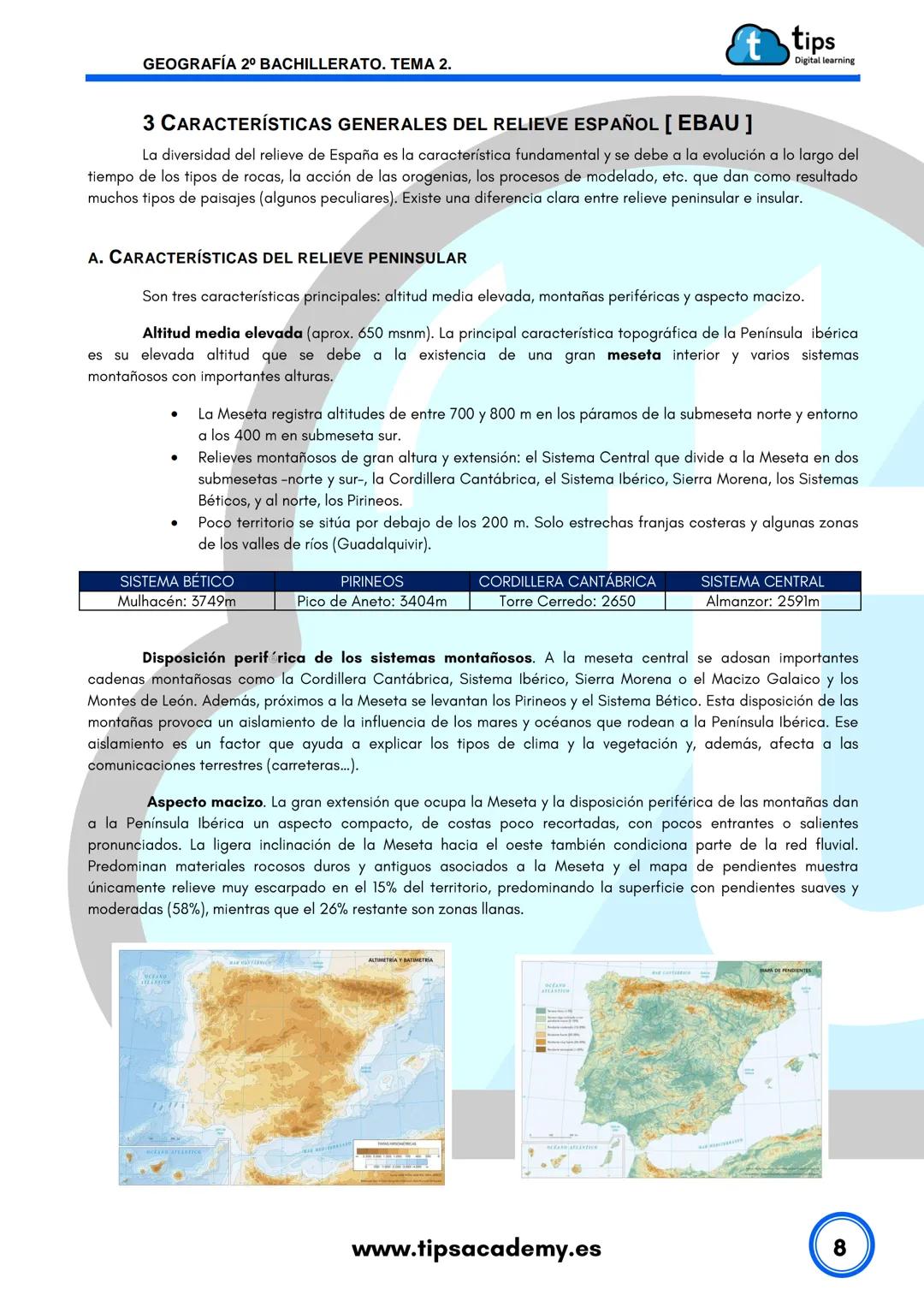 GEOGRAFÍA
t
2º BACHILLERATO
TEMA 2: El relieve de España
www.tipsacademy.es GEOGRAFÍA 2º° BACHILLERATO. TEMA 2.
TEMA 2: EL RELIEVE DE ESPAÑA