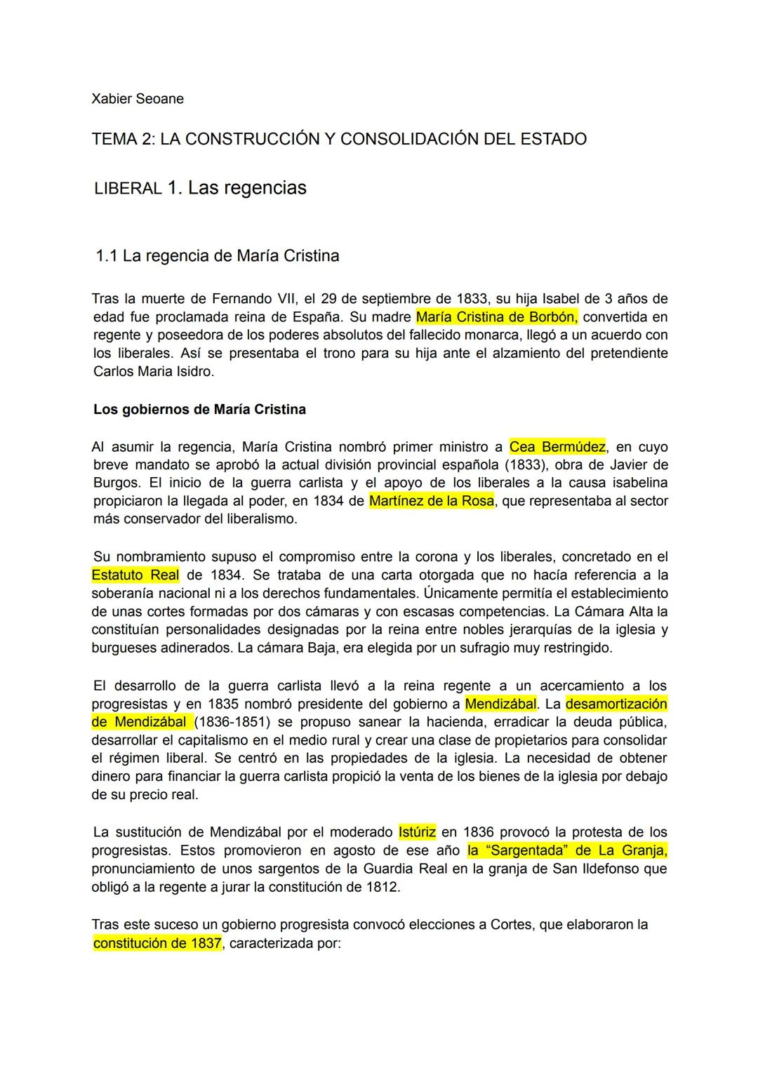 Xabier Seoane
TEMA 2: LA CONSTRUCCIÓN Y CONSOLIDACIÓN DEL ESTADO
LIBERAL 1. Las regencias
1.1 La regencia de María Cristina
Tras la muerte d