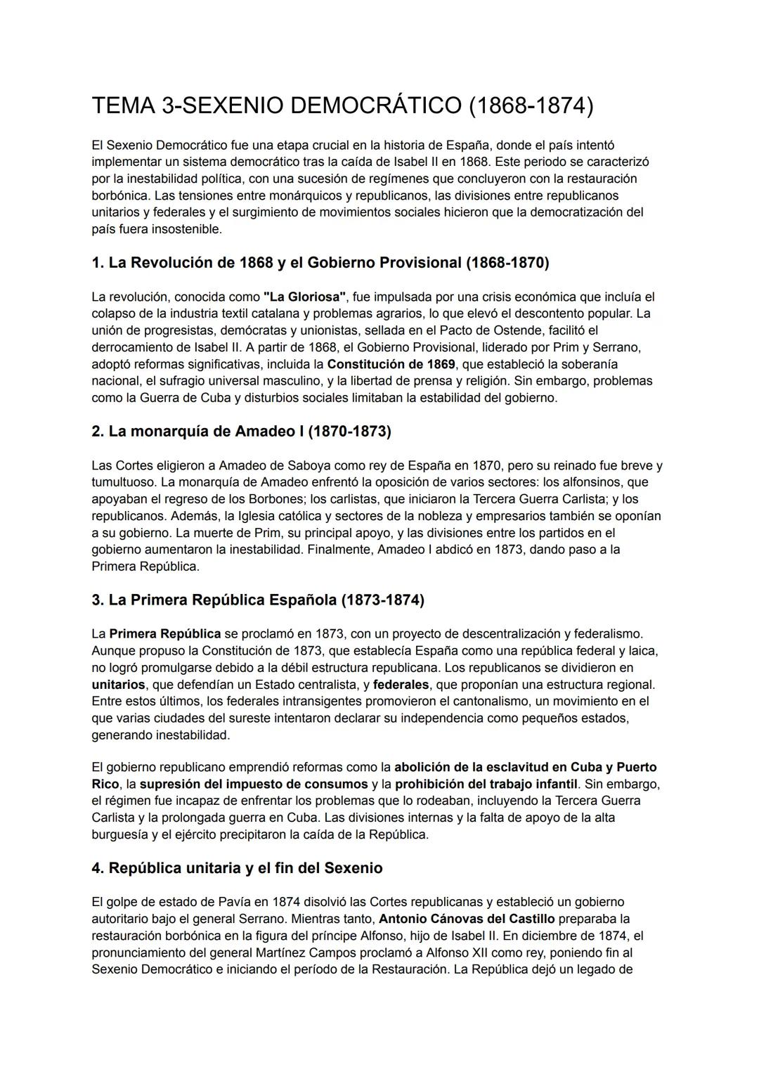 TEMA 3-SEXENIO DEMOCRÁTICO (1868-1874)
El Sexenio Democrático fue una etapa crucial en la historia de España, donde el país intentó
implemen