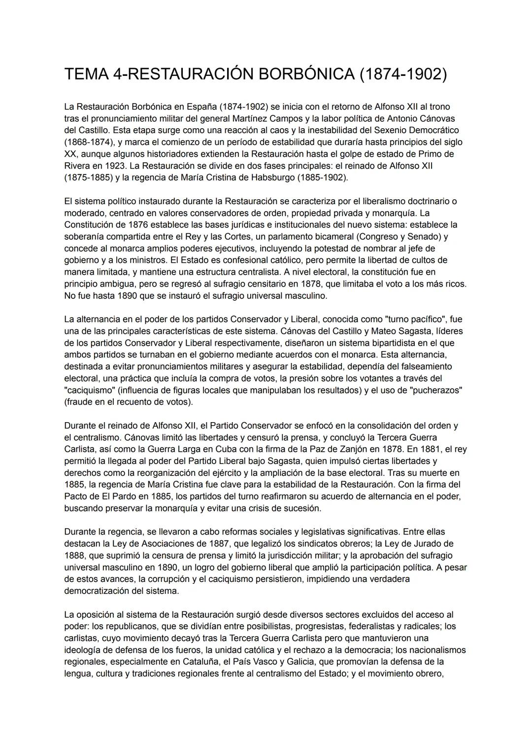 # TEMA 4-RESTAURACIÓN BORBÓNICA (1874-1902)
La Restauración Borbónica en España (1874-1902) se inicia con el retorno de Alfonso XII al tron