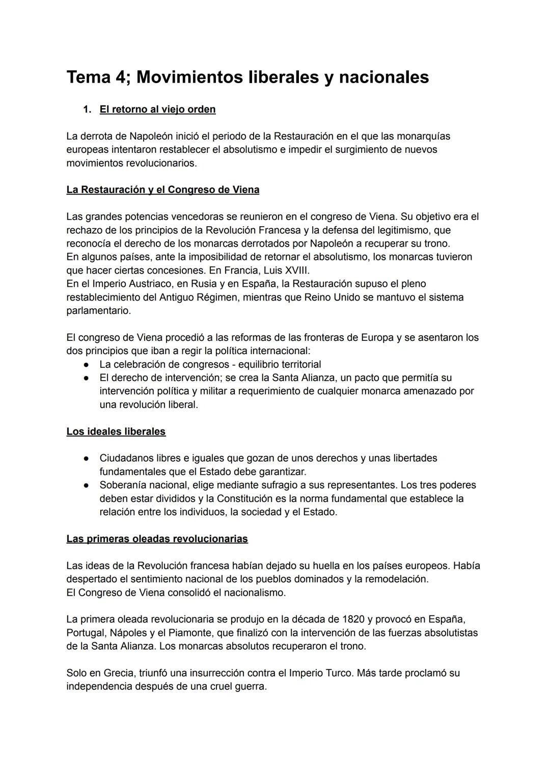Tema 4; Movimientos liberales y nacionales
1. El retorno al viejo orden
La derrota de Napoleón inició el periodo de la Restauración en el qu