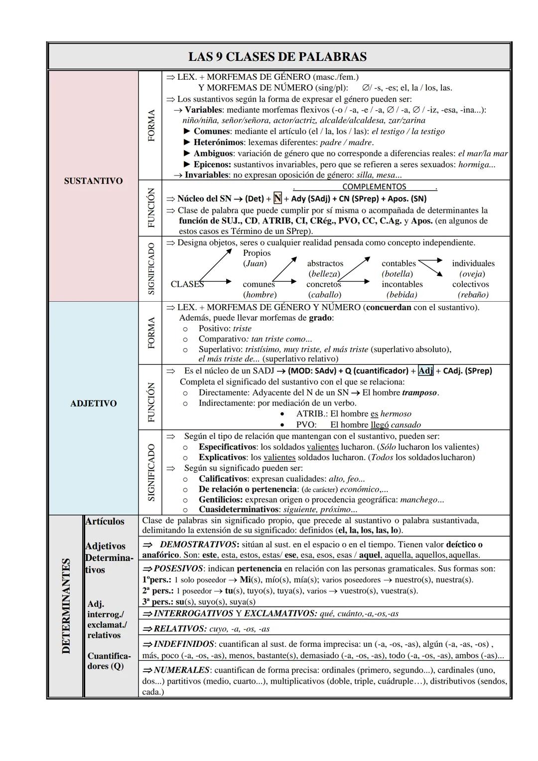 # LAS 9 CLASES DE PALABRAS
SUSTANTIVO
FORMA
FORMA
⇒ LEX. + MORFEMAS DE GÉNERO (masc./fem.)
Y MORFEMAS DE NÚMERO (sing/pl): Ø/-s, -es; el