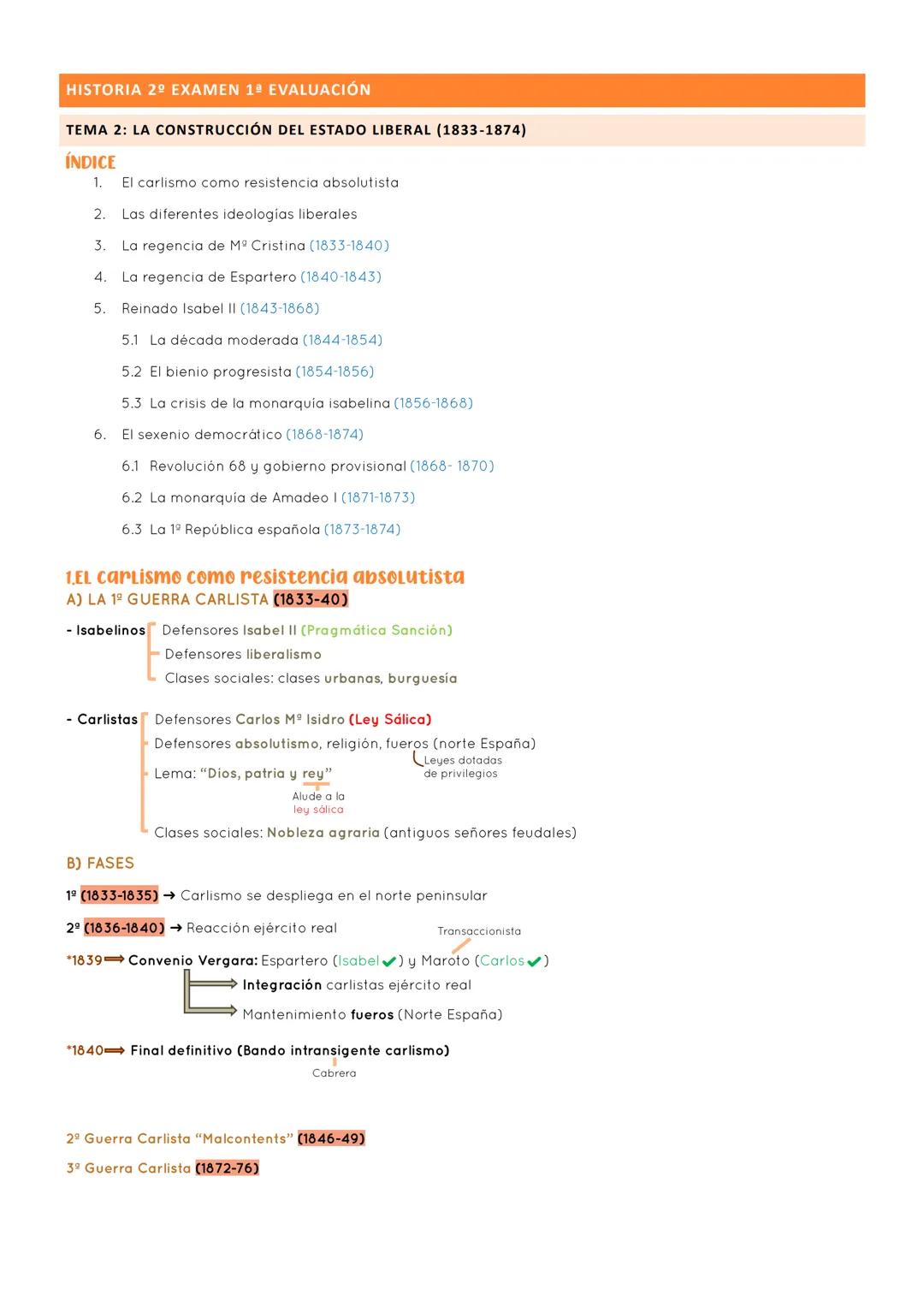 # HISTORIA 2º EXAMEN 1ª EVALUACIÓN
# TEMA 2: LA CONSTRUCCIÓN DEL ESTADO LIBERAL (1833-1874)
## ÍNDICE
1. El carlismo como resistencia ab