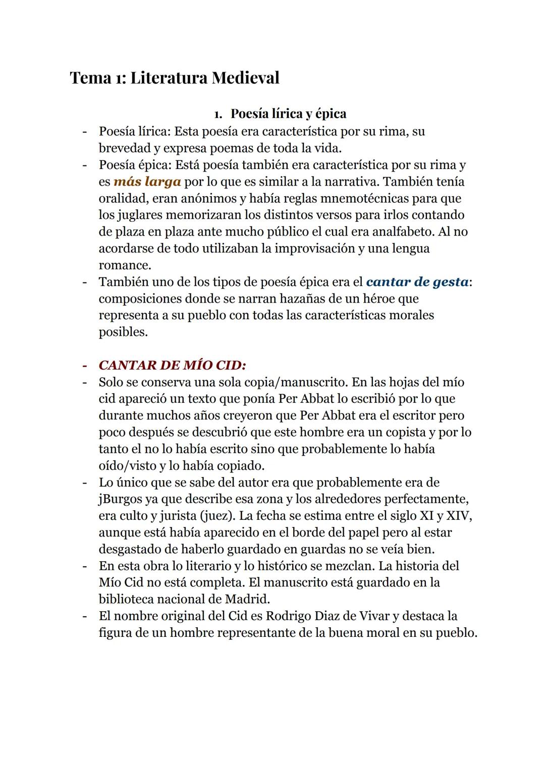 # Tema 1: Literatura Medieval
1. Poesía lírica y épica
- Poesía lírica: Esta poesía era característica por su rima, su
brevedad y expresa p