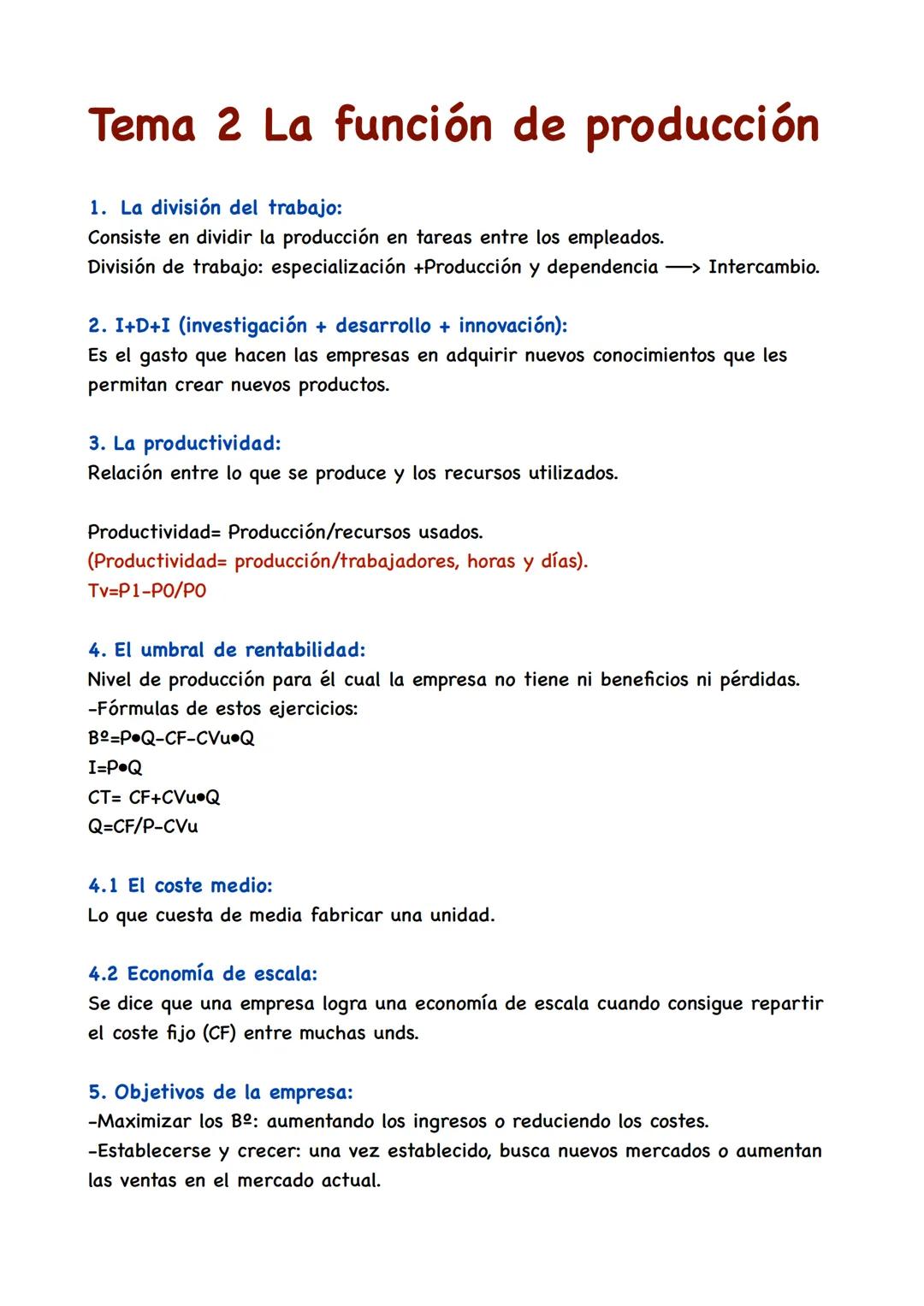 # Tema 2 La función de producción
1. La división del trabajo:
Consiste en dividir la producción en tareas entre los empleados.
División de