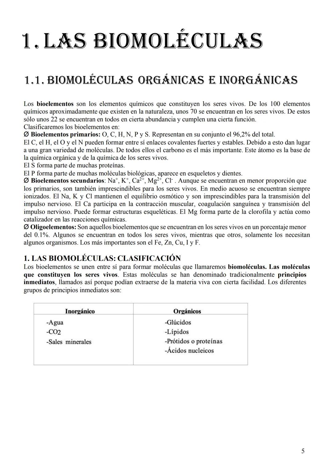 BIOLOGÍA 2°
BACHILLERATO
GIFFITS DR
1 1. LAS BIOMOLÉCULAS
1.1. BIOMOLÉCULAS ORGÁNICAS E INORGÁNICAS
Los bioelementos son los elementos quími