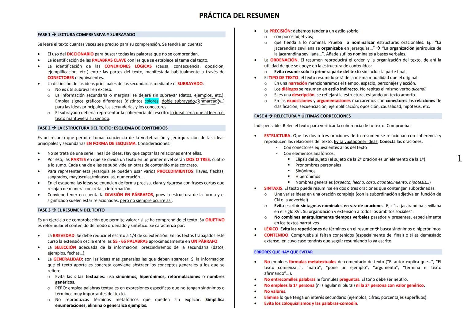 PRÁCTICA DEL RESUMEN
FASE 1 → LECTURA COMPRENSIVA Y SUBRAYADO
Se leerá el texto cuantas veces sea preciso para su comprensión. Se tendrá en