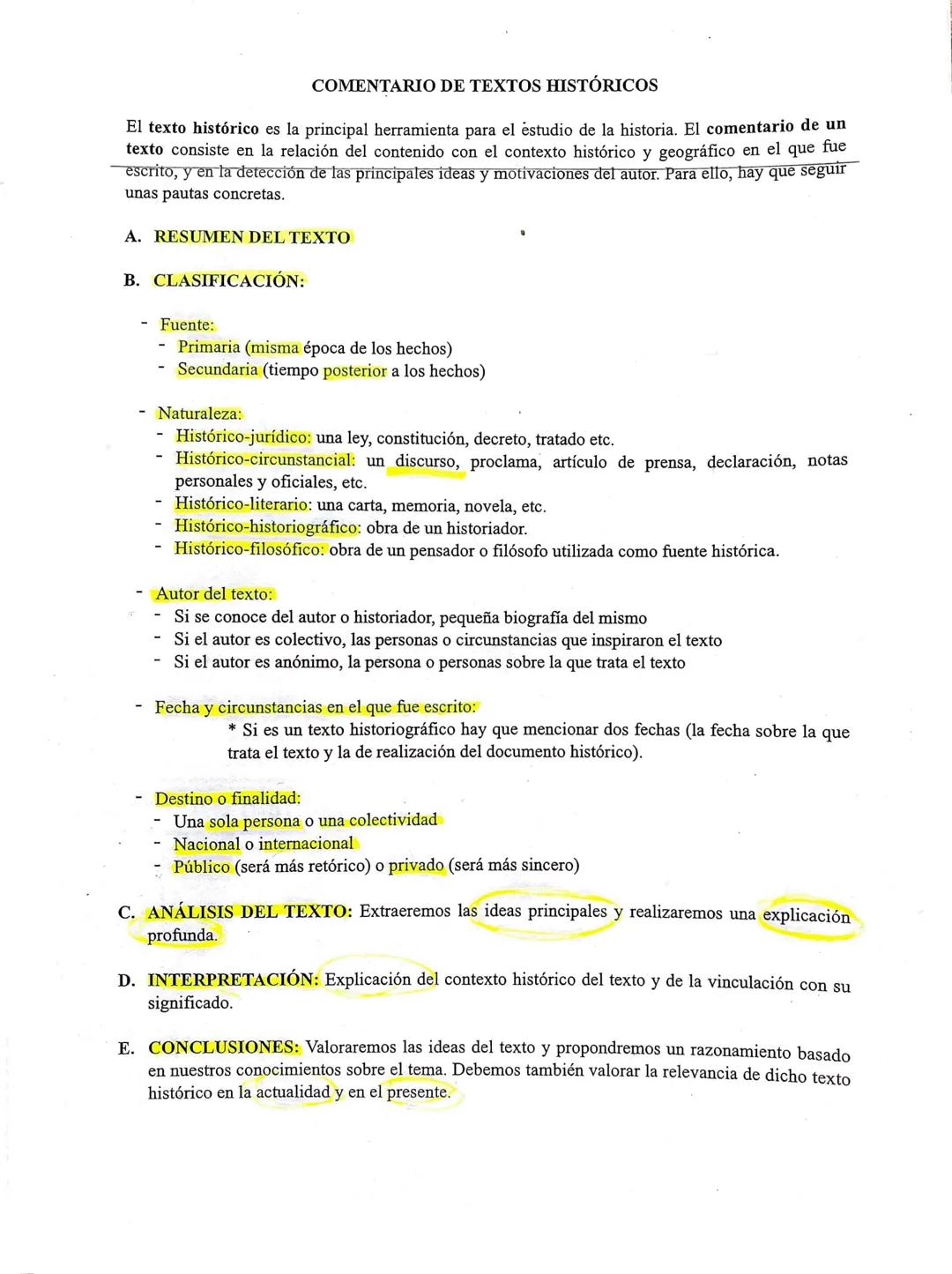 COMENTARIO DE TEXTOS HISTÓRICOS
El texto histórico es la principal herramienta para el estudio de la historia. El comentario de un
texto co