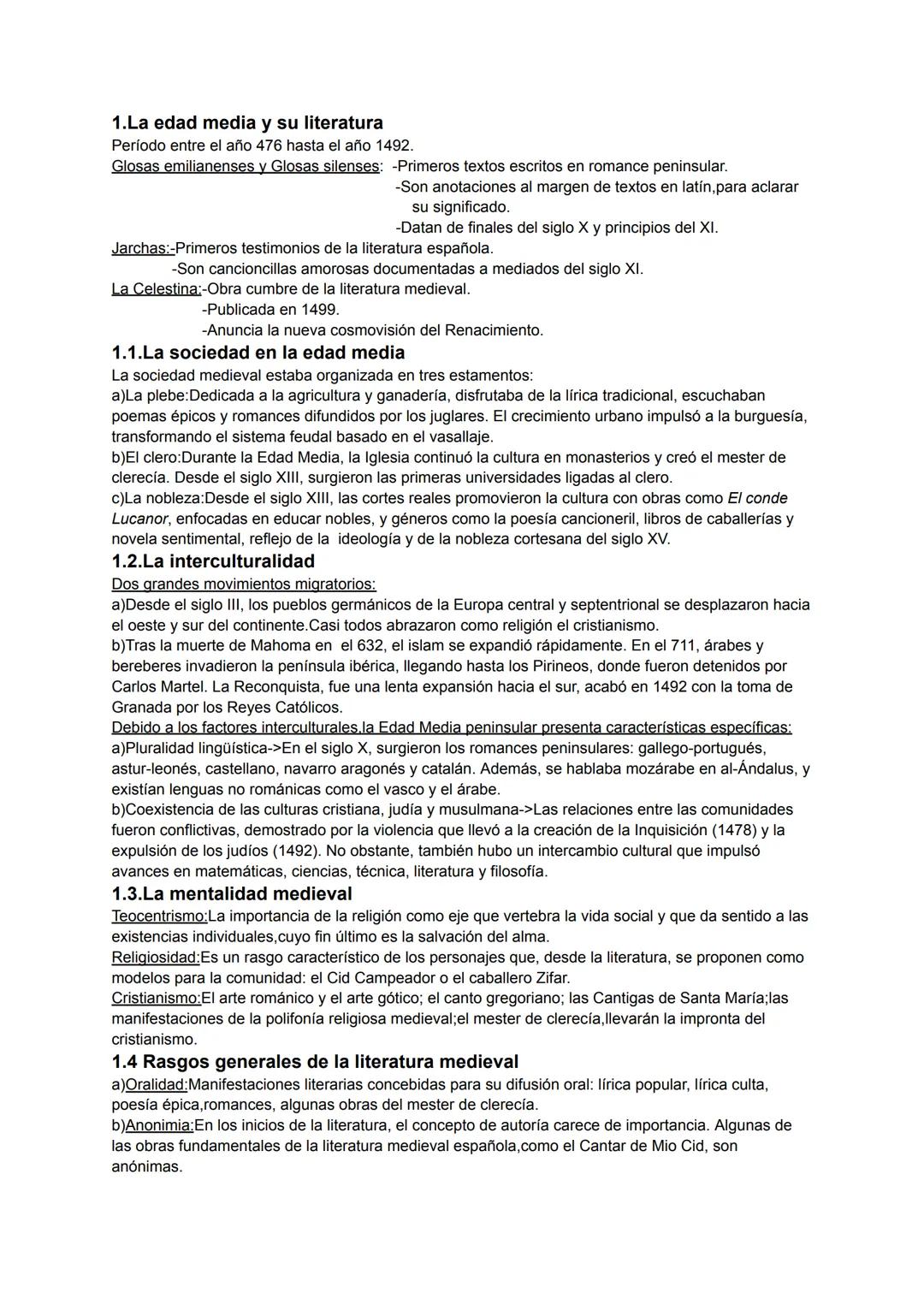 1.La edad media y su literatura
Período entre el año 476 hasta el año 1492.
Glosas emilianenses y Glosas silenses: -Primeros textos escritos