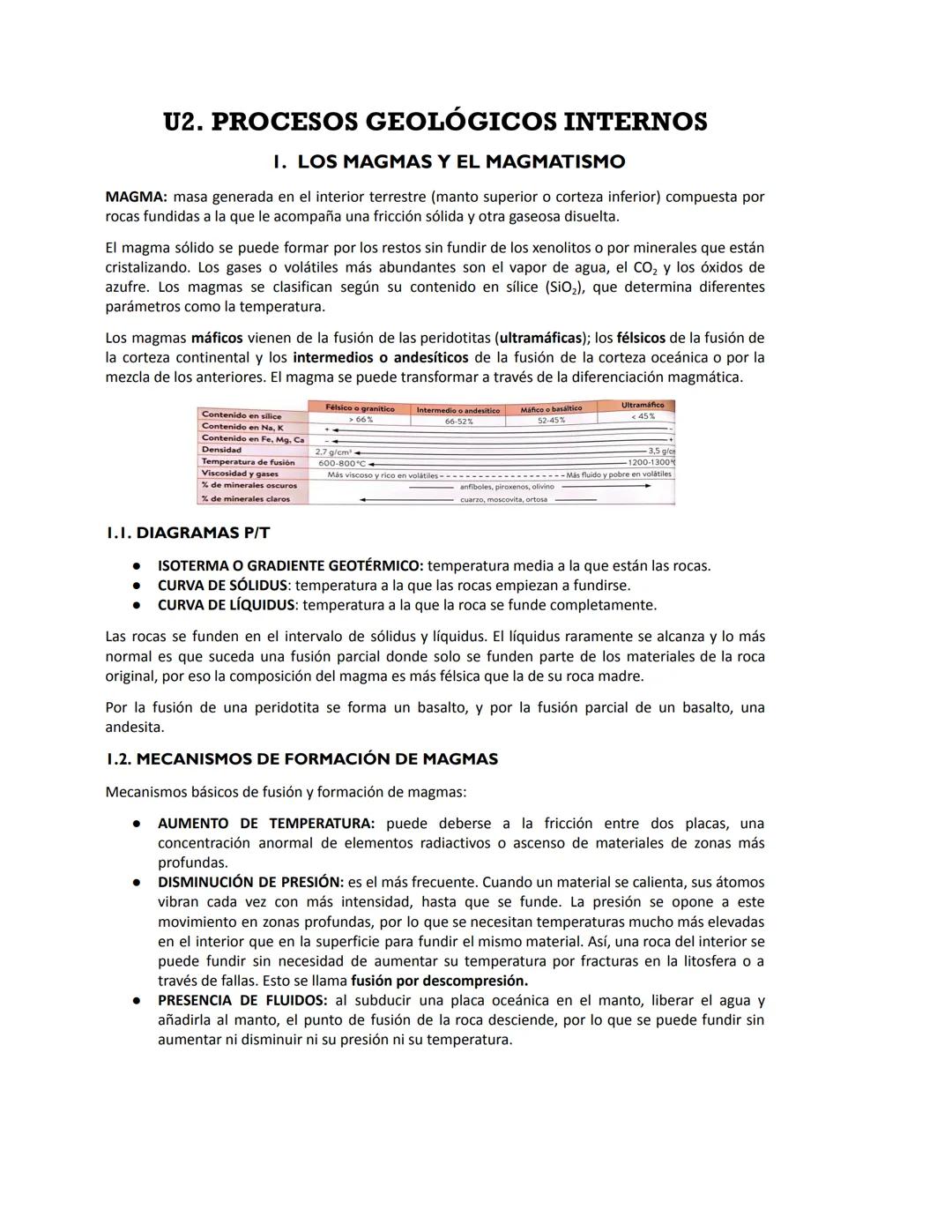 # U2. PROCESOS GEOLÓGICOS INTERNOS
## 1. LOS MAGMAS Y EL MAGMATISMO
MAGMA: masa generada en el interior terrestre (manto superior o cortez