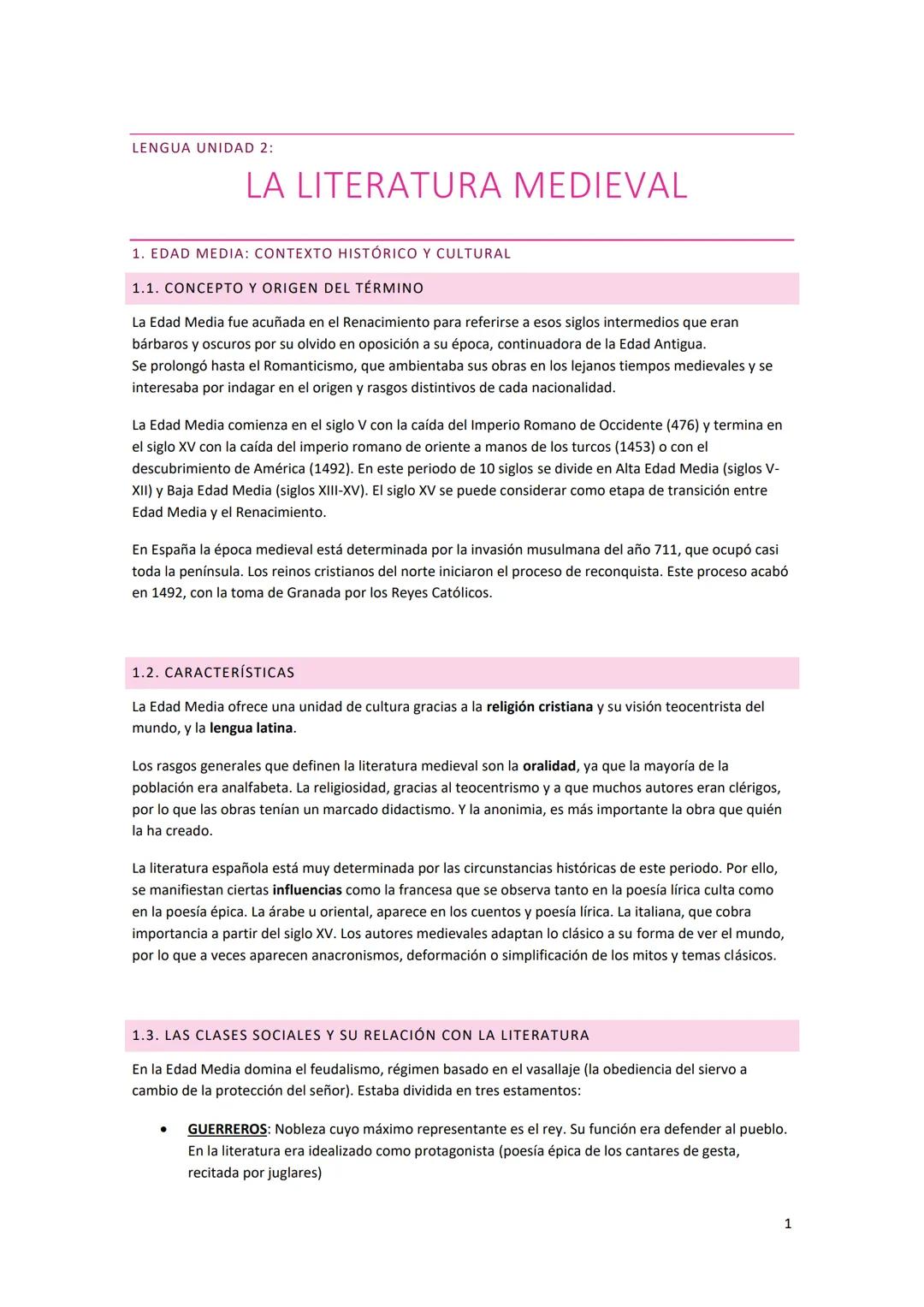 LENGUA UNIDAD 2:
LA LITERATURA MEDIEVAL
1. EDAD MEDIA: CONTEXTO HISTÓRICO Y CULTURAL
1.1. CONCEPTO Y ORIGEN DEL TÉRMINO
La Edad Media fue ac