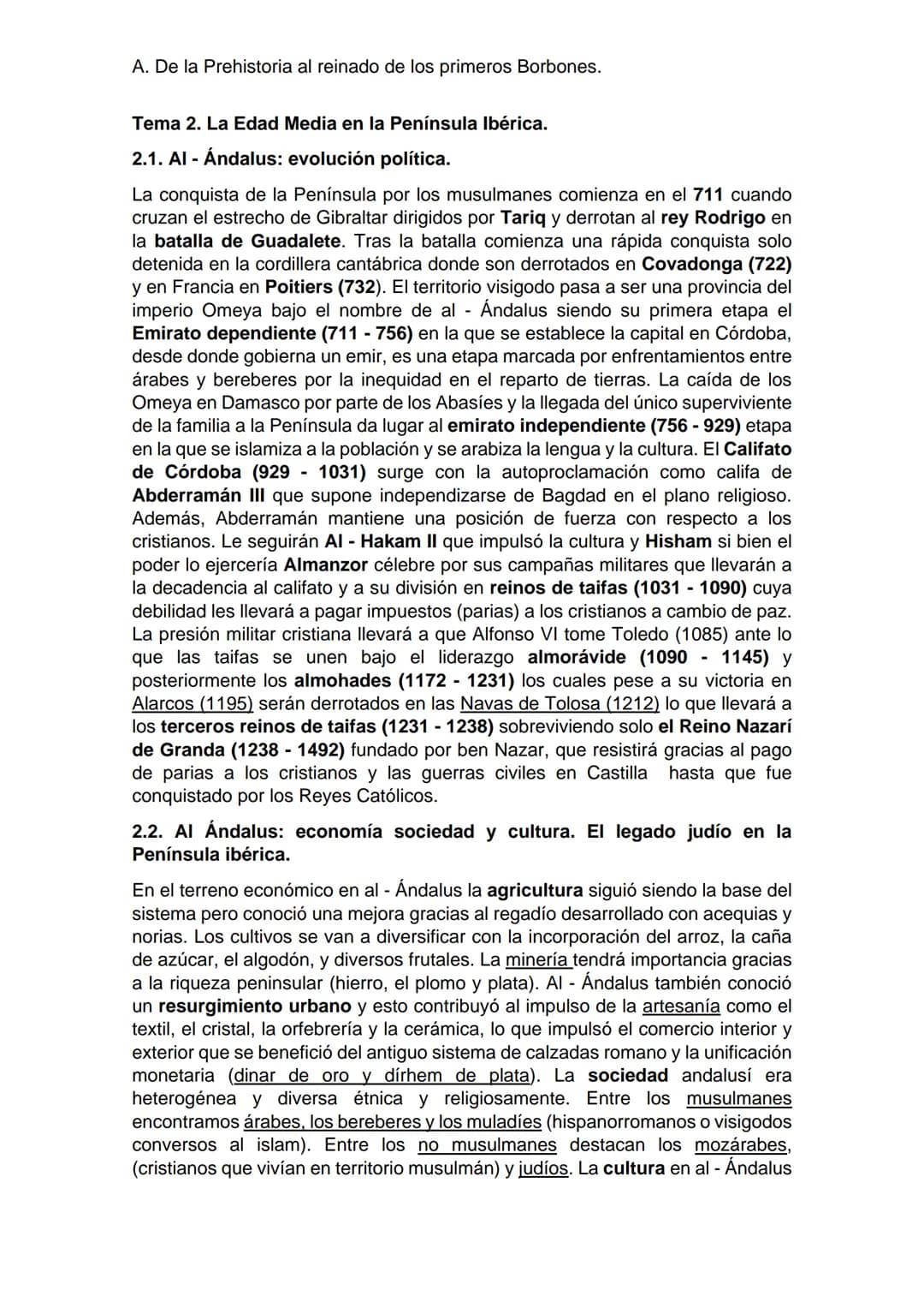 A. De la Prehistoria al reinado de los primeros Borbones.
Tema 2. La Edad Media en la Península Ibérica.
2.1. Al - Ándalus: evolución polí