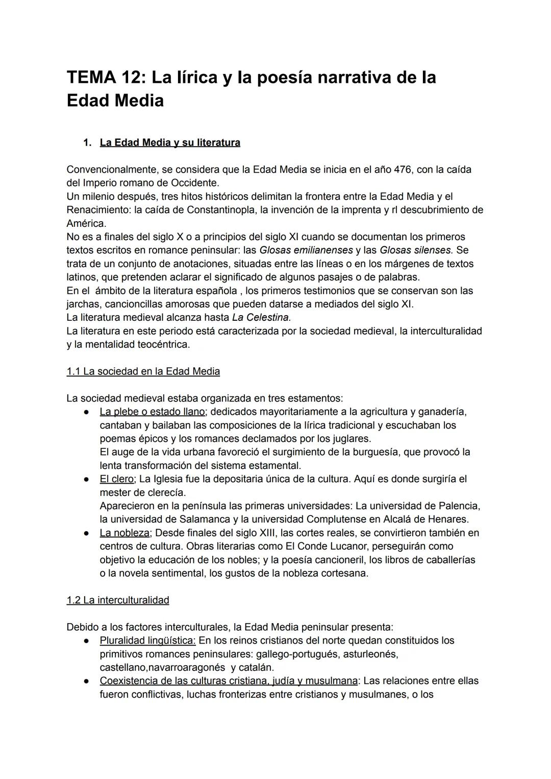 TEMA 12: La lírica y la poesía narrativa de la
Edad Media
1. La Edad Media y su literatura
Convencionalmente, se considera que la Edad Media