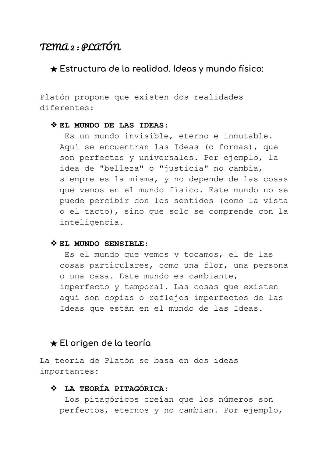 # TEMA 2: PLATón
★ Estructura de la realidad. Ideas y mundo físico:
Platón propone que existen dos realidades
diferentes:
* EL MUNDO DE