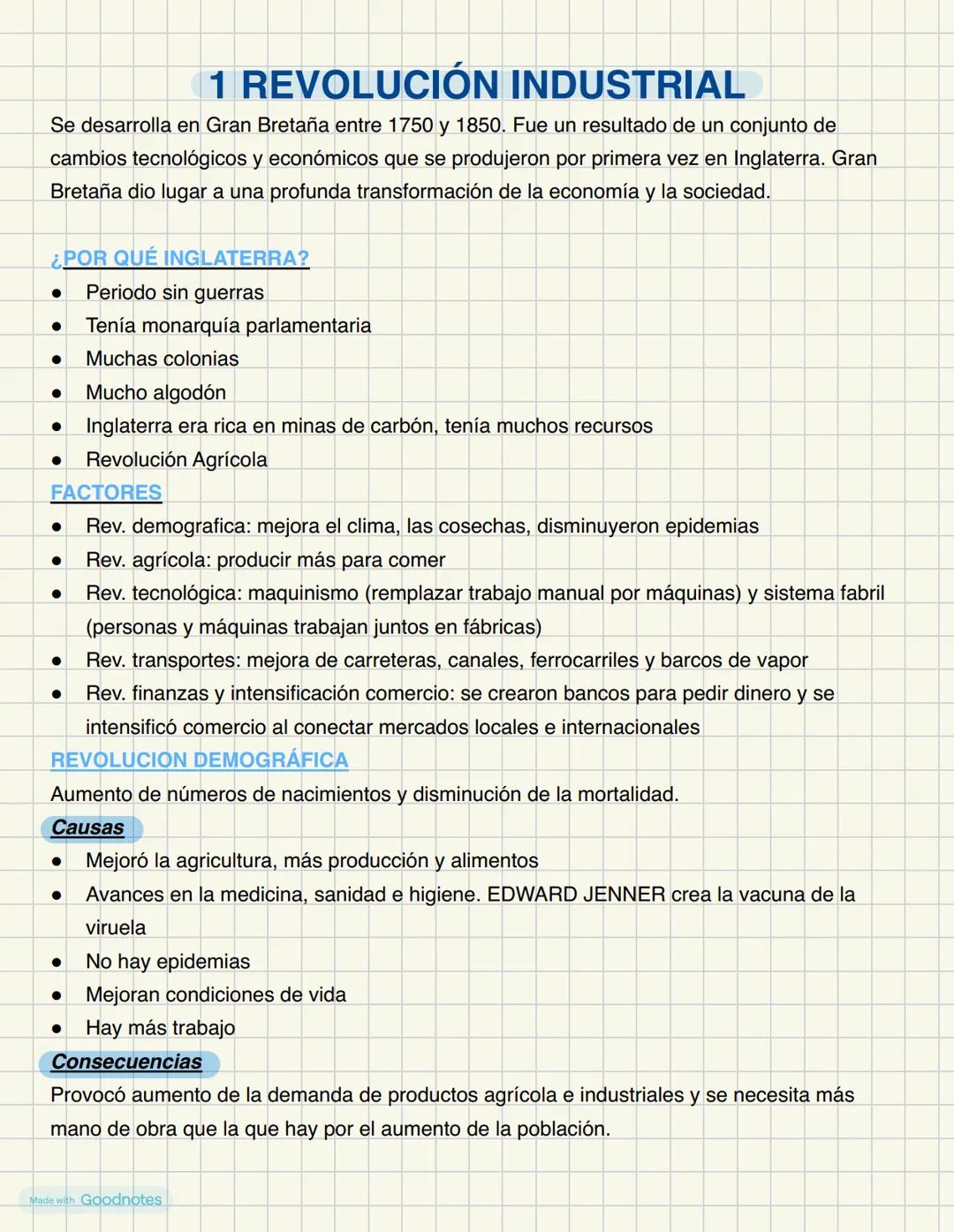 # 1 REVOLUCIÓN INDUSTRIAL
Se desarrolla en Gran Bretaña entre 1750 y 1850. Fue un resultado de un conjunto de
cambios tecnológicos y econó