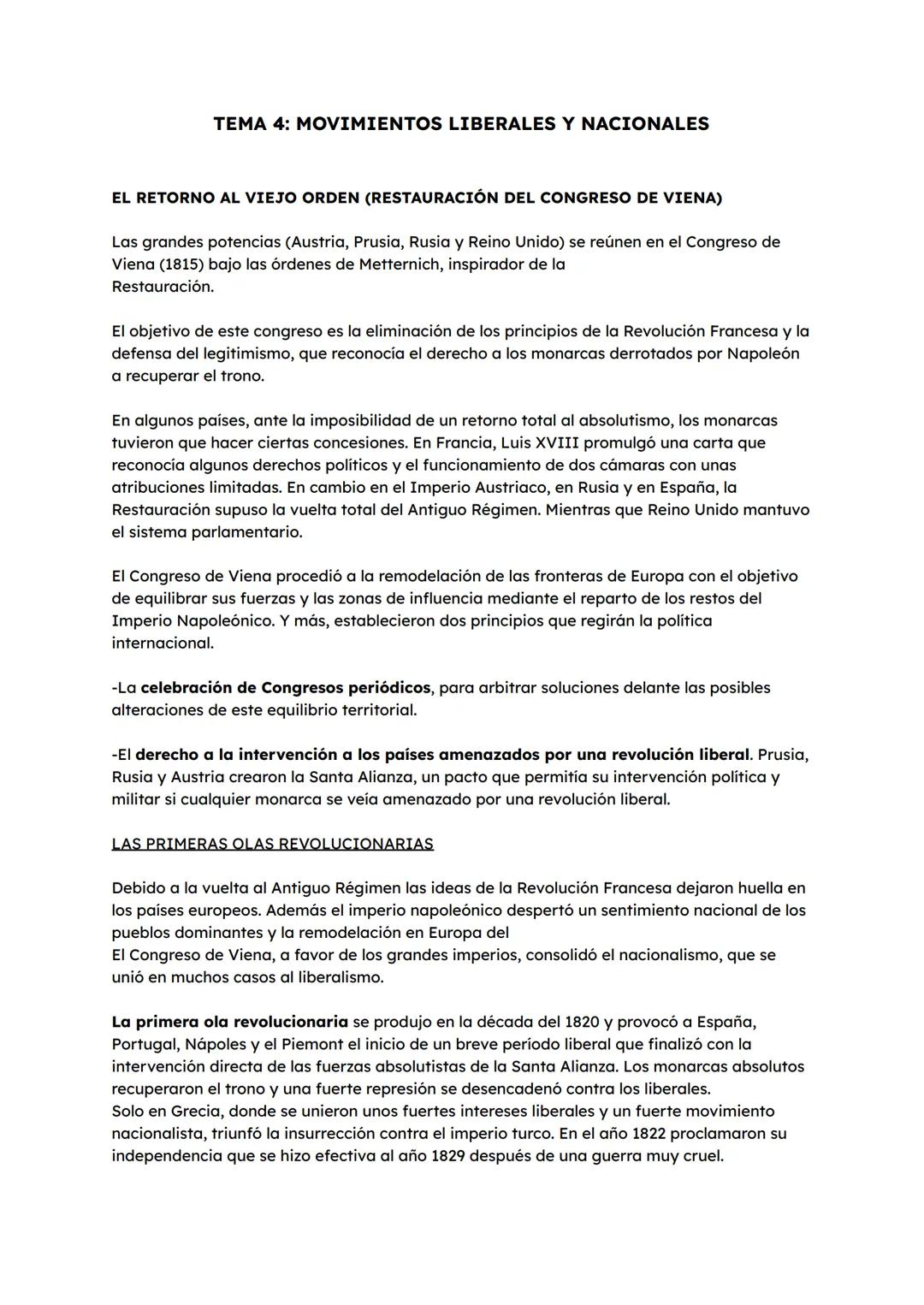 # TEMA 4: MOVIMIENTOS LIBERALES Y NACIONALES
EL RETORNO AL VIEJO ORDEN (RESTAURACIÓN DEL CONGRESO DE VIENA)
Las grandes potencias (Austria