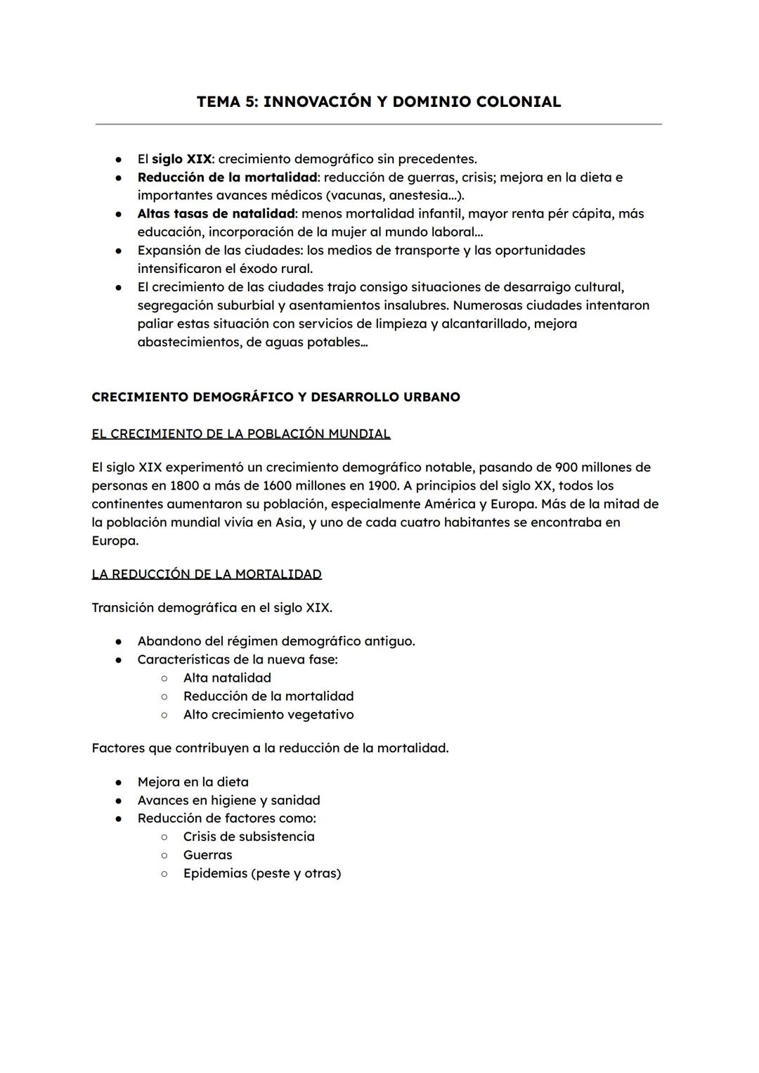 TEMA 5: INNOVACIÓN Y DOMINIO COLONIAL
•
•
El siglo XIX: crecimiento demográfico sin precedentes.
Reducción de la mortalidad: reducción de gu