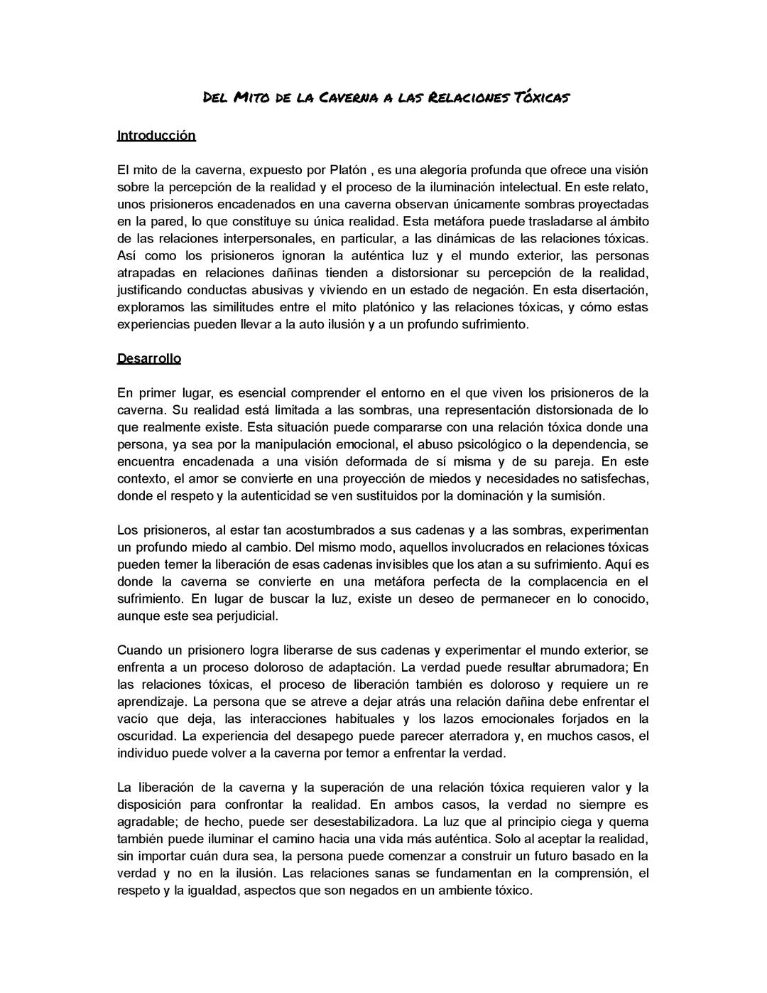 Ejemplo de disertación filosófica relacionado con el mito de la caverna de Platón