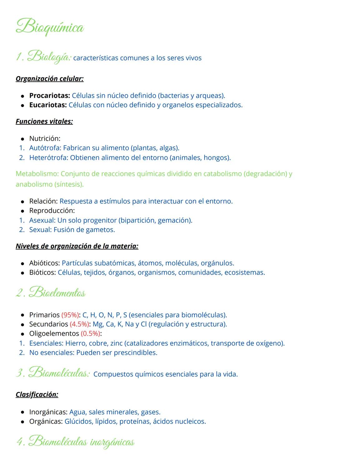 # Bioquímica
1. Biología: características comunes a los seres vivos
Organización celular:
* Procariotas: Células sin núcleo definido (b