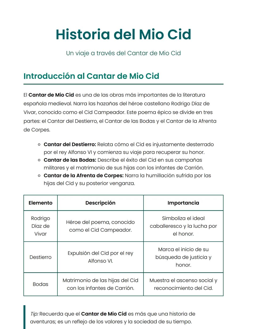 # Historia del Mio Cid
Un viaje a través del Cantar de Mio Cid
## Introducción al Cantar de Mio Cid
El Cantar de Mio Cid es una de las ob