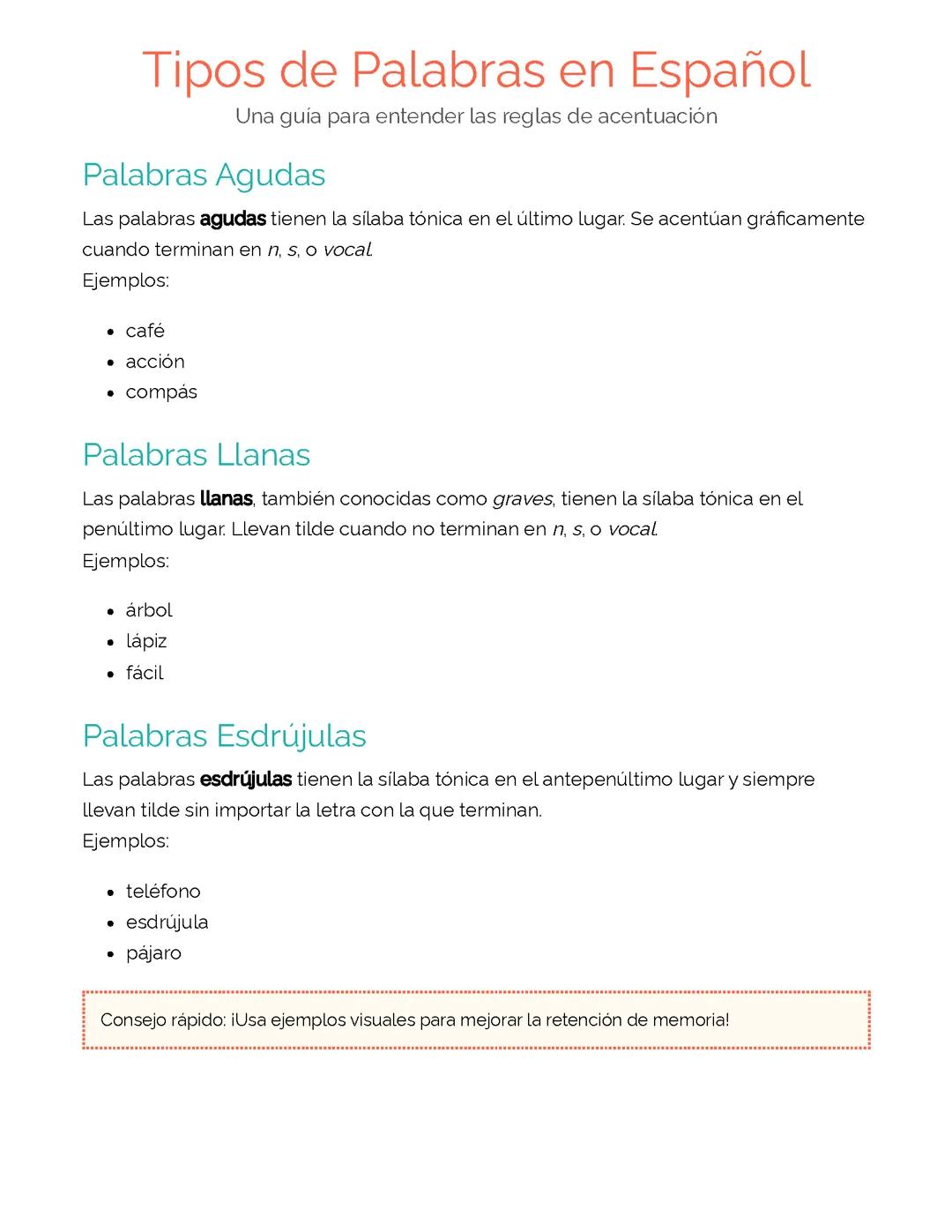 Tipos de Palabras en Español